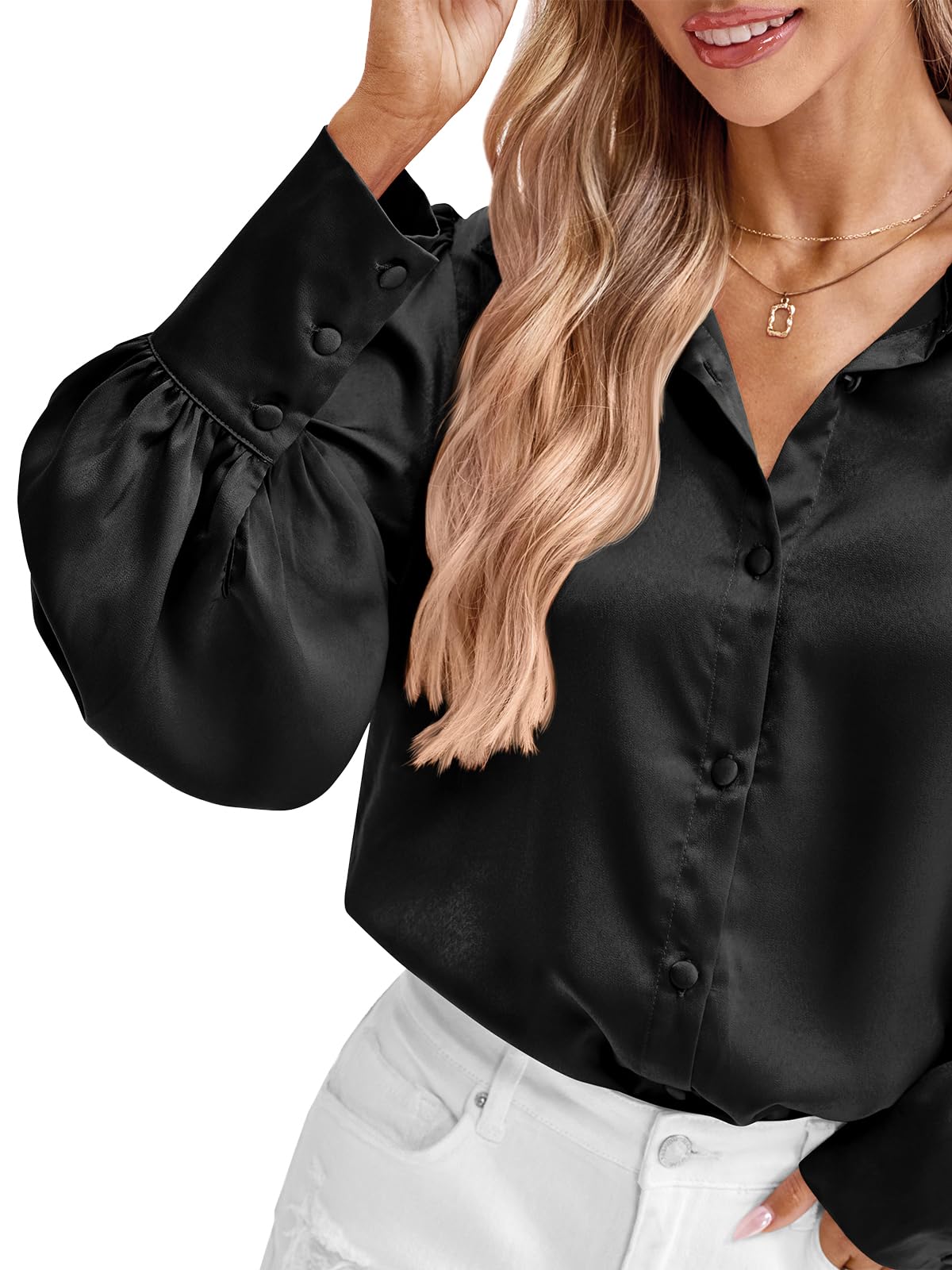 BTFBM Women Satin Blouses Summer Fall Clothes Button Down Lantern Long Sleeve Shirts Work Business Casual Dressy Tops