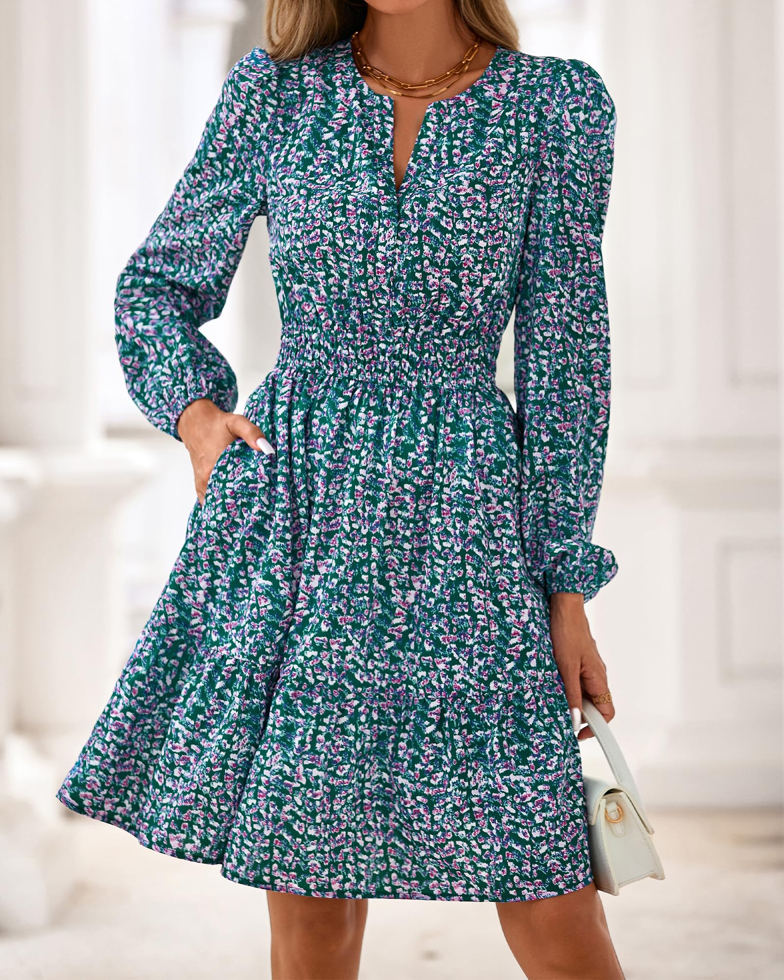 BTFBM Spring Dresses for Women Mini Long Sleeve Elastic Waist Summer Vacation Outfits Floral Wedding Guest Dress