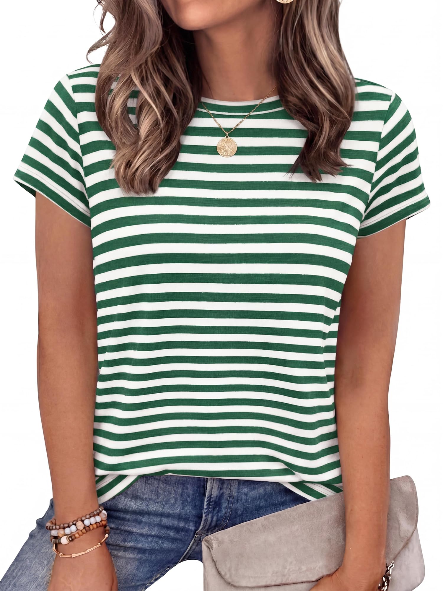 BTFBM Tops for Women Trendy Summer Crew Neck Short Sleeve T Shirts Striped Casual Vacation Blouse Basic Tee
