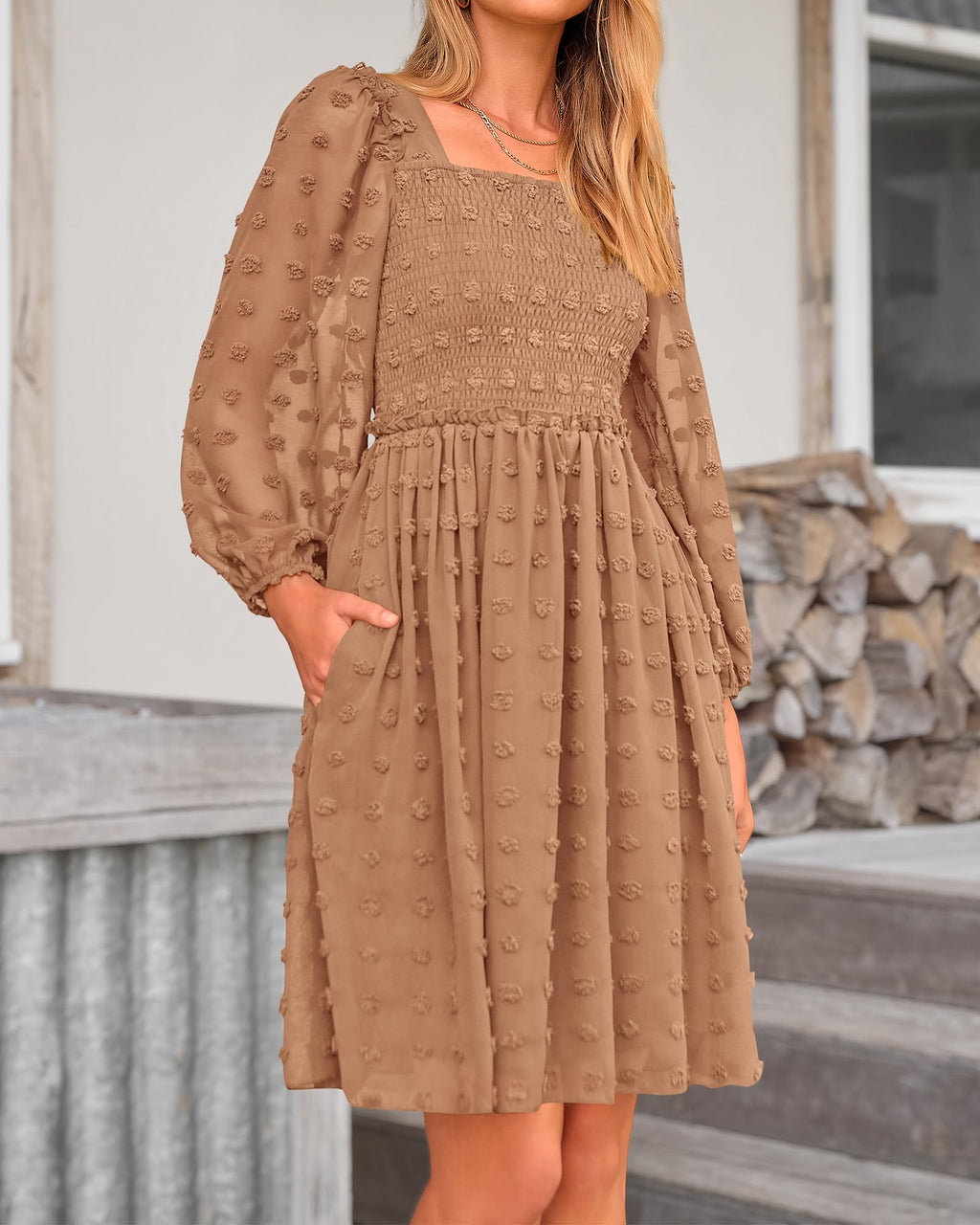 BTFBM Womens Long Sleeve Dress Summer Vacation Square Neck Smocked Floral Mini Boho Spring Wedding Guest Dresses