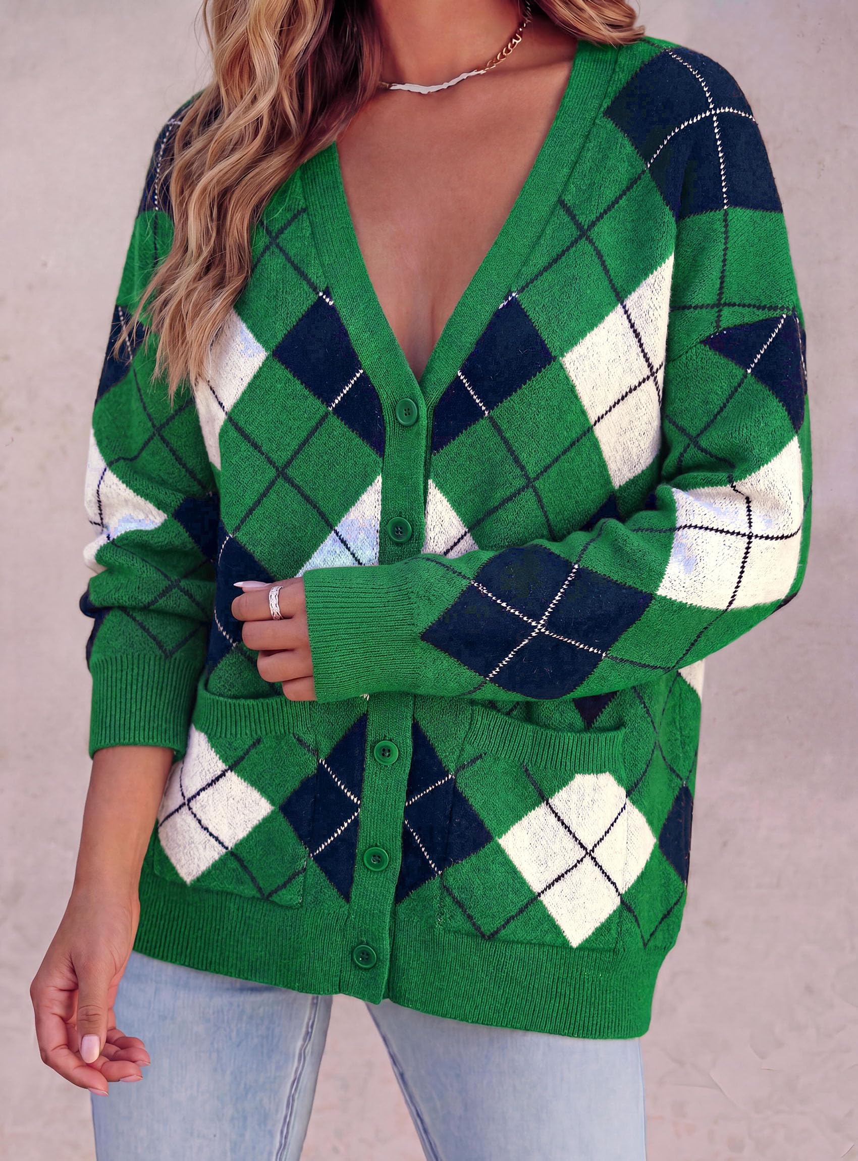 PRETTYGARDEN Women's Cardigan Argyle Winter Sweaters Cozy Warm Chunky Knit, Long Sleeve V Neck, Color Block Plaid, Button Up Pocket,Trendy Fall Jackets, Holiday Going Out Outfits