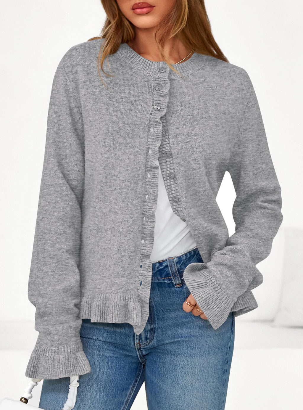 PRETTYGARDEN Womens Fall Button Down Cardigans Chunky Knit Ruffle Open Front Cropped Cardigan Sweaters Soft Long Sleeve Tops