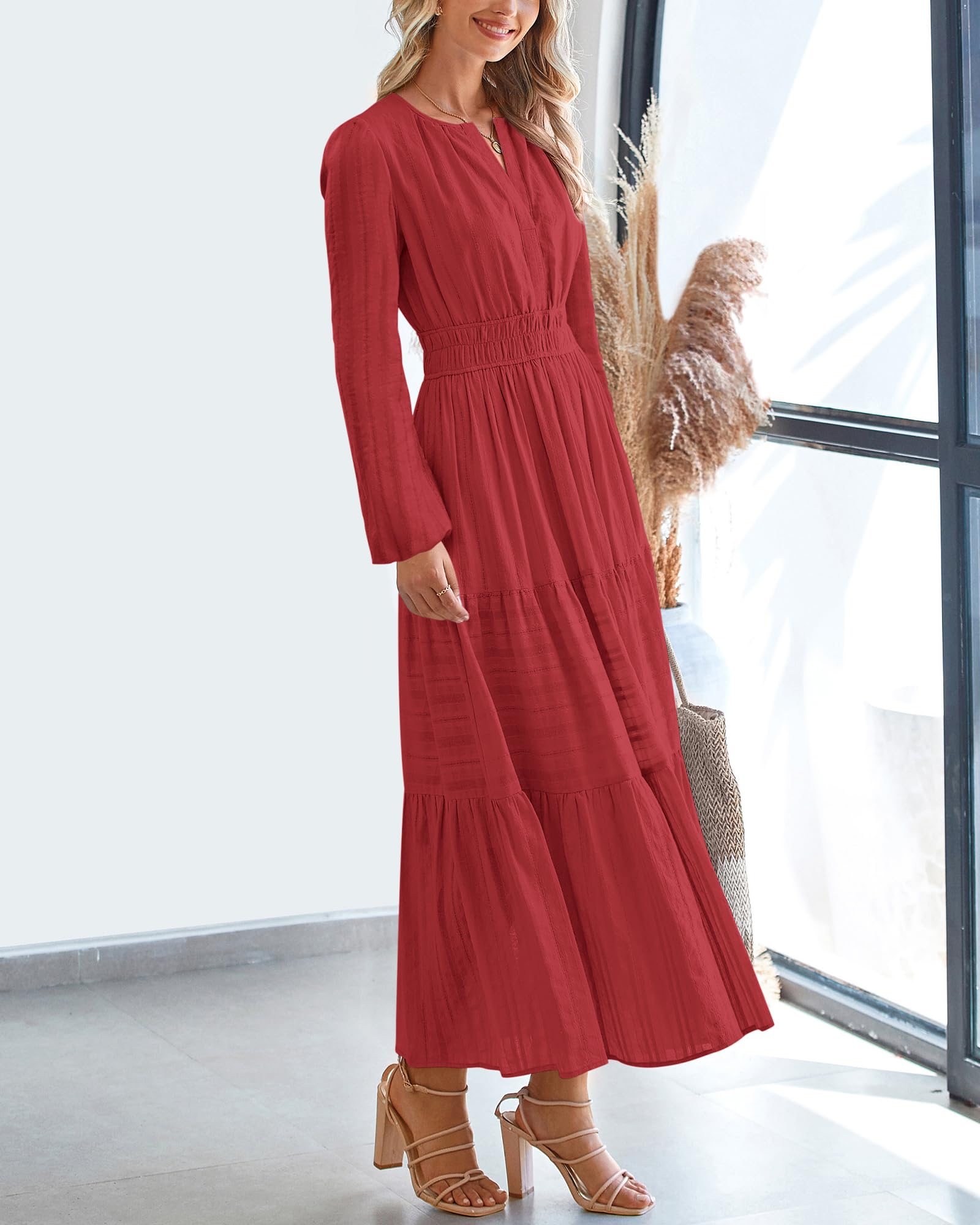 FreshPretty Fall Dresses for Women Casual Long Sleeve V Neck Elastic Waist Lightweight Maxi Wedding Guest Dress Pockets