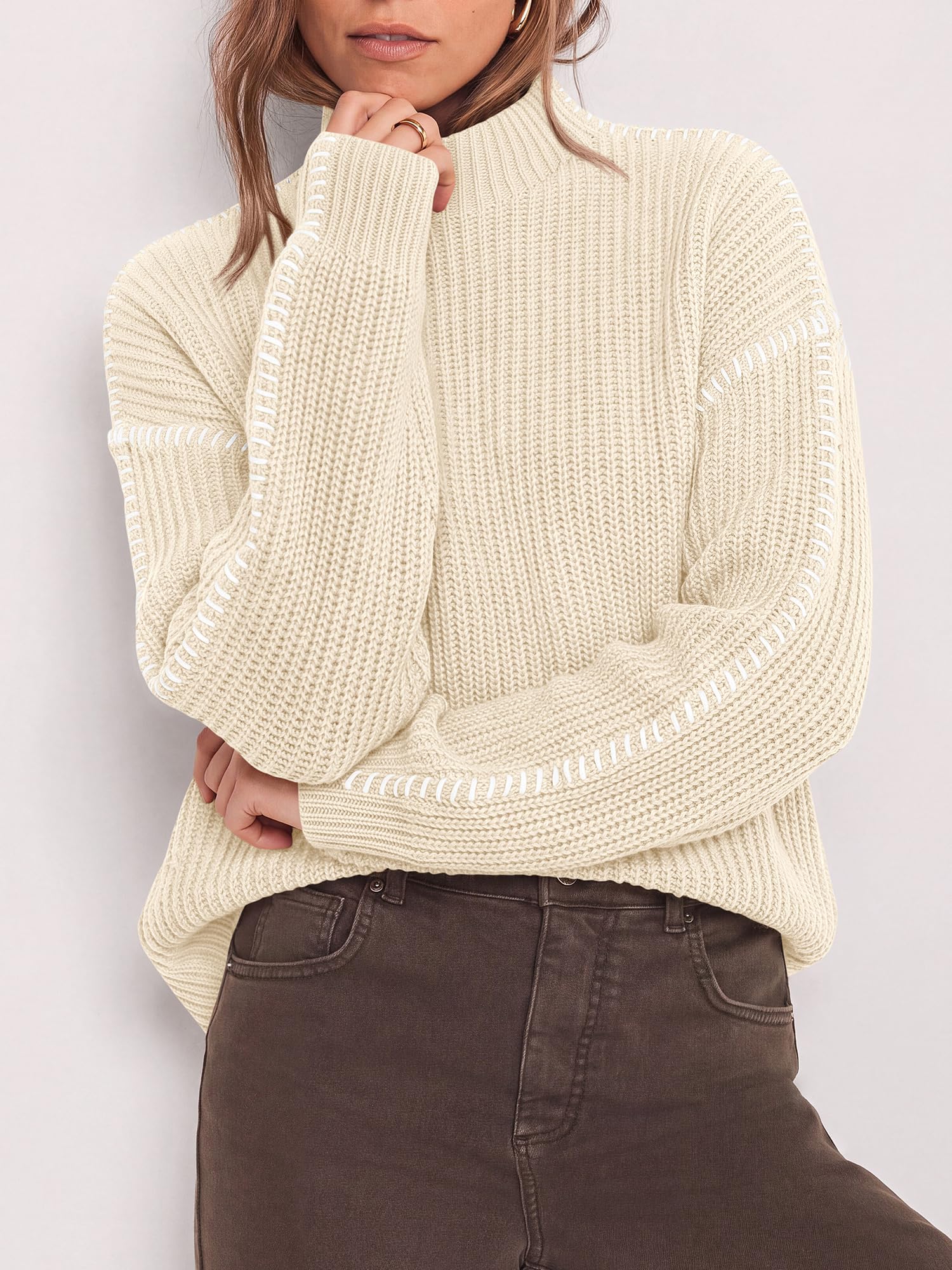 "BTFBM Womens Oversized Sweaters Contrast Chunky Knit Sweater Loose Fit Mock Neck Long Sleeve Tops, Soft Cozy Knitwear, Fall Fashion 2026, Casual Winter Clothing, Daily Going Out Outfits"