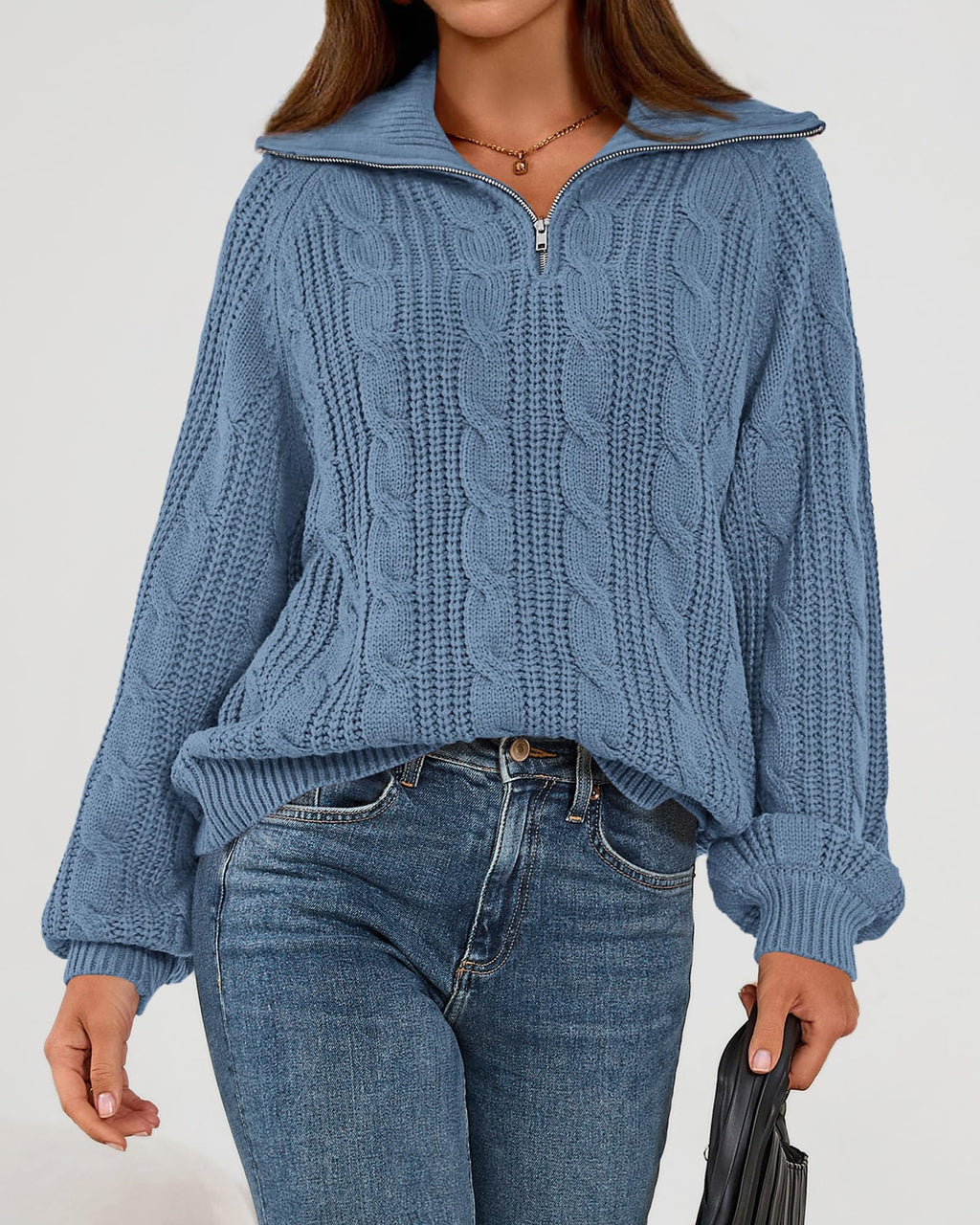 BTFBM Sweaters for Women Fall Fashion Loose Quarter Zip Pullover Collared Long Sleeve Cable Knit Winter Clothes