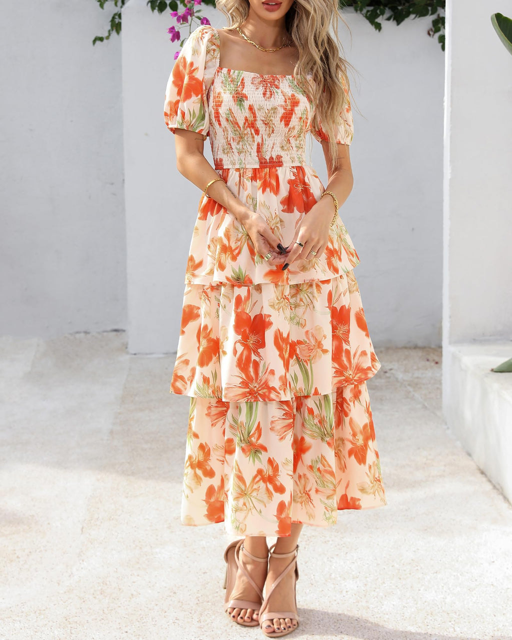 BTFBM Womens Square Neck Smocked Dress Summer Puff Short Sleeve Floral Casual Ruffle Tiered Maxi Wedding Guest Dresses