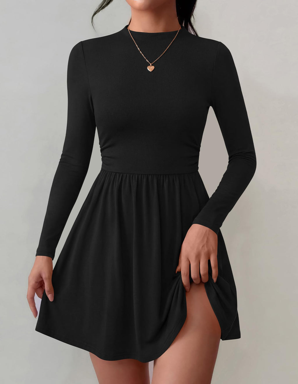 BTFBM Long Sleeve Dresses for Women Mock Neck A Line Flowy Mini Dress Swing Pleated Hem,Cocktail Party Club Holiday Going Out Outfits,Dressy Casual Winter,Trendy Early Fall Fashion Clothing