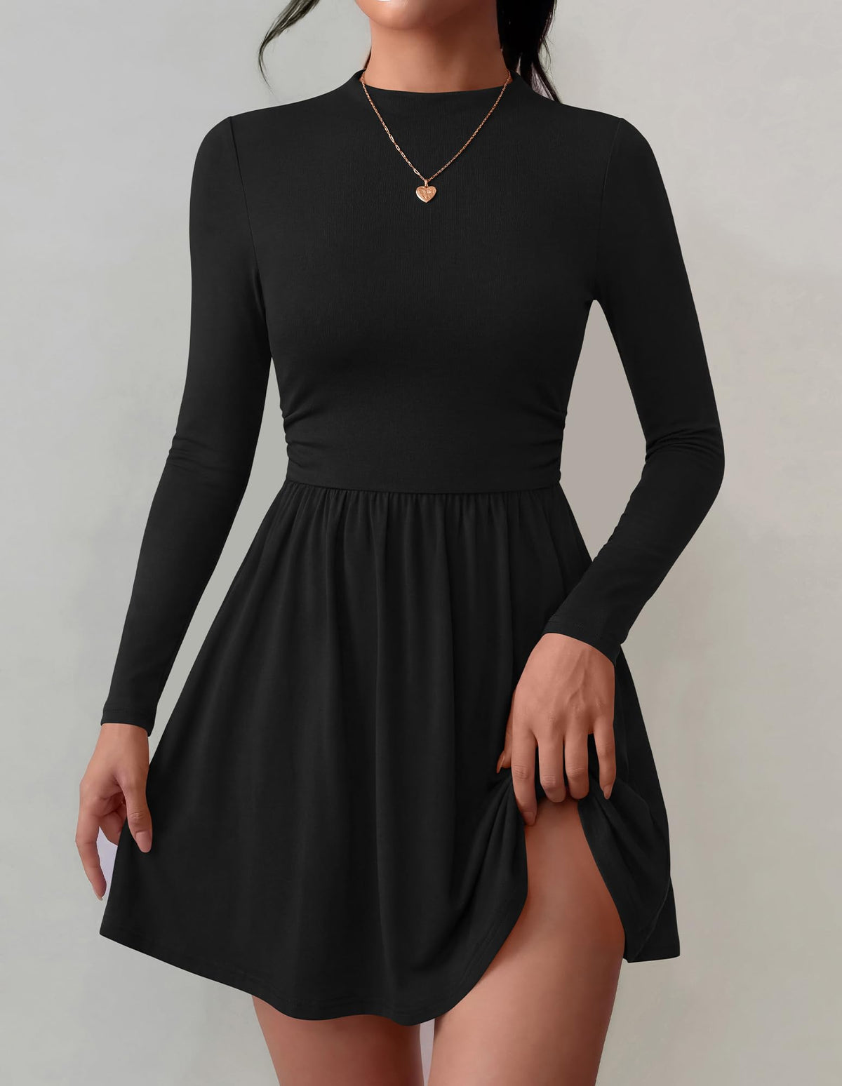 BTFBM Long Sleeve Dresses for Women Mock Neck A Line Flowy Mini Dress Swing Pleated Hem,Cocktail Party Club Holiday Going Out Outfits,Dressy Casual Winter,Trendy Early Fall Fashion Clothing