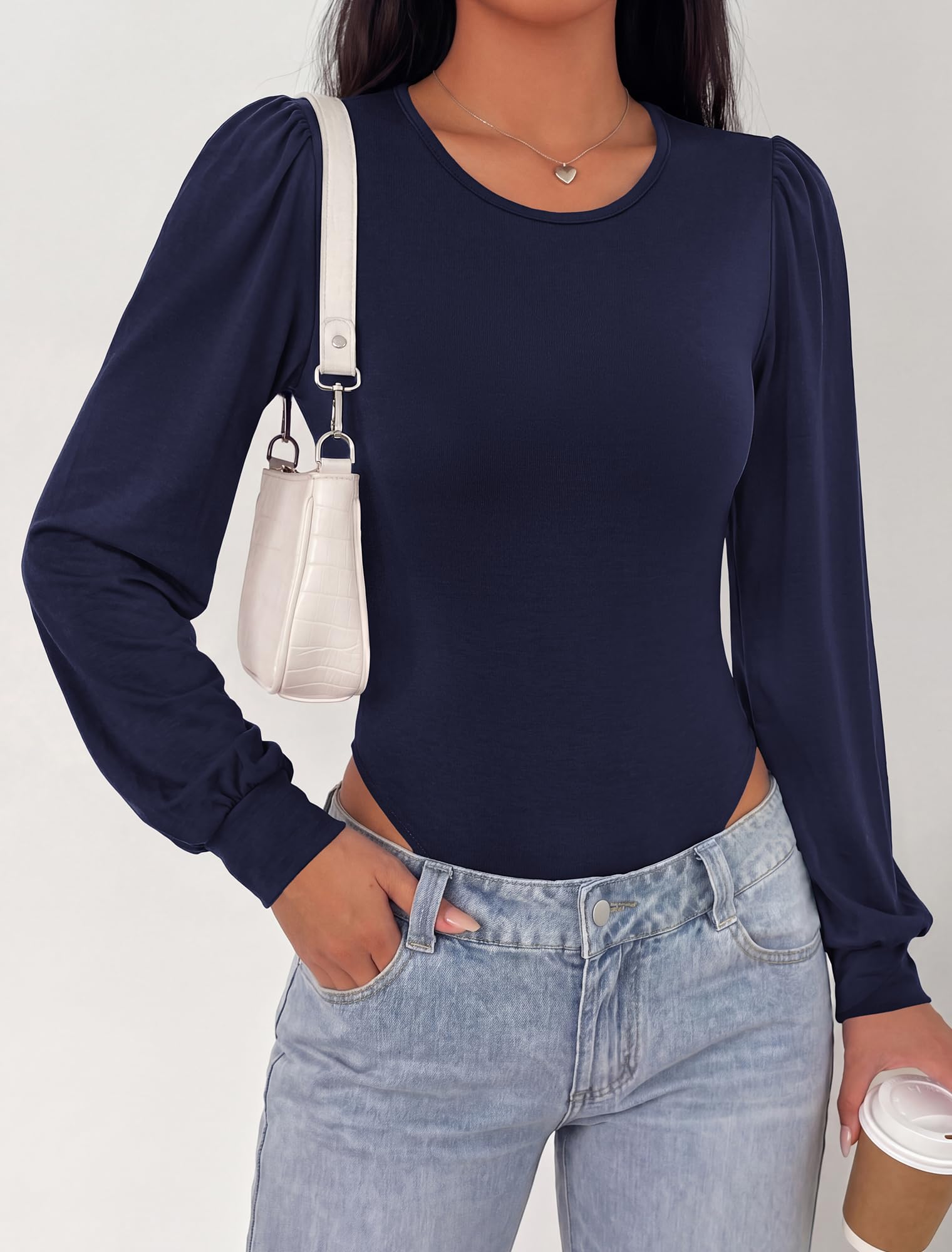 BTFBM Long Puff Sleeve Bodysuits for Women | Crew Neck 2 Snap Crotch Thong Shapewear,Stretchy Knit Leotards,Casual Y2K Going Out Tops,Winter Layer,Fall Fashion Clothing