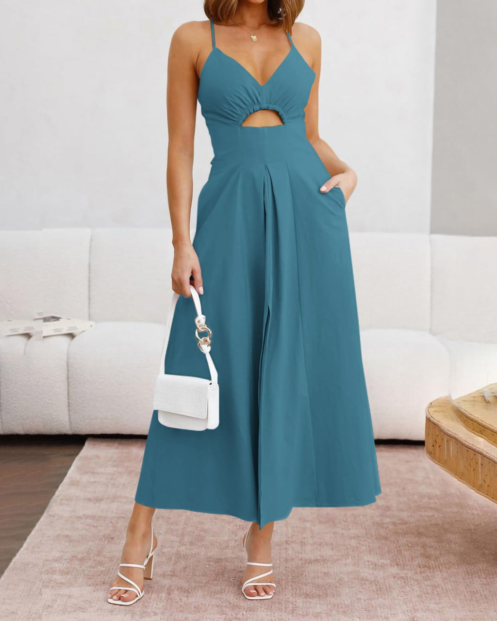 BTFBM Women Spaghetti Strap Midi Summer Dresses Sleeveless V Neck Cutout Slit Casual Beach Party Maxi Dress Pockets