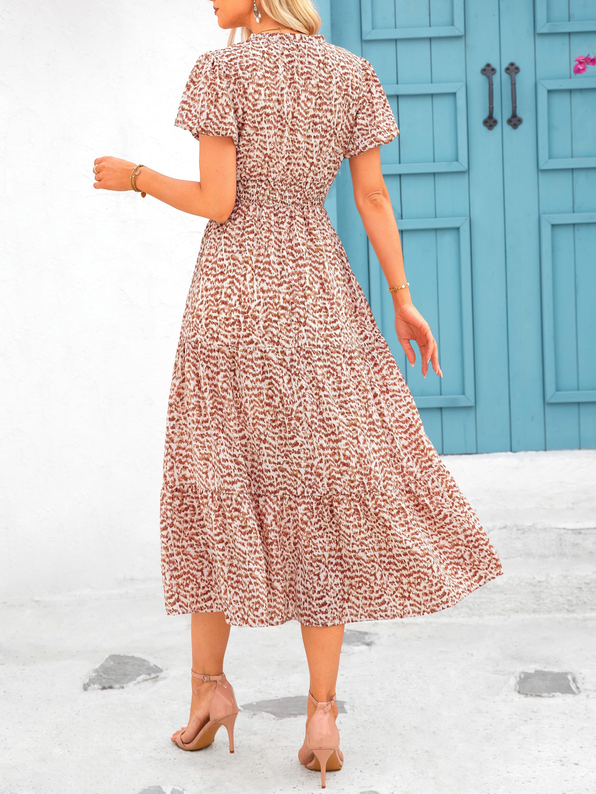 PRETTYGARDEN Summer Maxi Dresses for Women  Casual V Neck Puff Short Sleeve Smocked Flowy Beach Boho Long Floral Dress