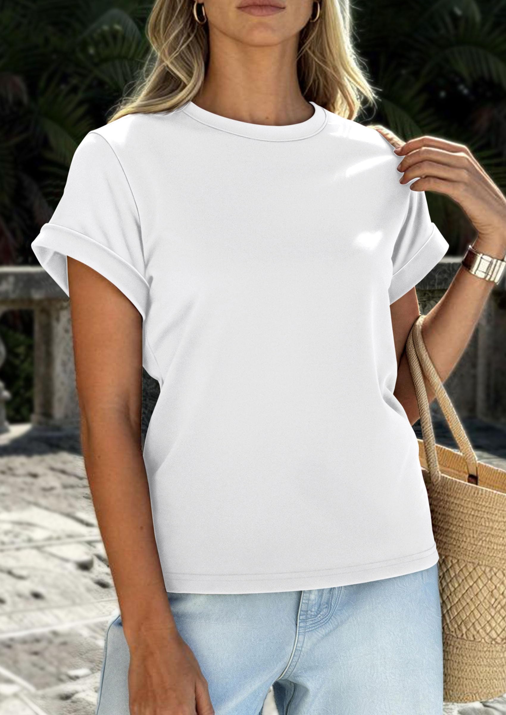PRETTYGARDEN Womens Summer Tops Spring Casual Rolled Short Sleeve Basic Tees Crew Neck Work Shirts Fashion Clothing