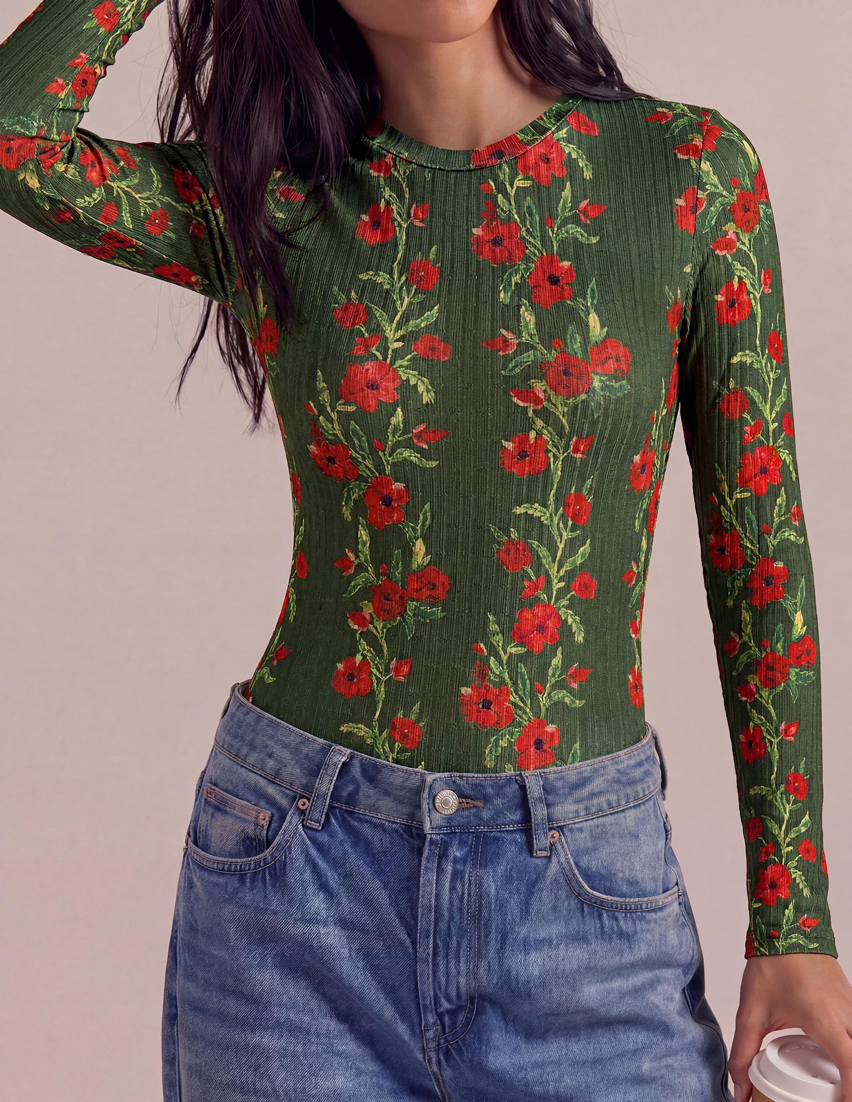 PRETTYGARDEN Womens Long Sleeve Shirts Floral Y2K Tops Soft Lightweight Ribbed Knit Top,Fitted Waist,Crew Neck Slim Fit,Going Out Vacation Outfits,Layering Fall Winter Clothes