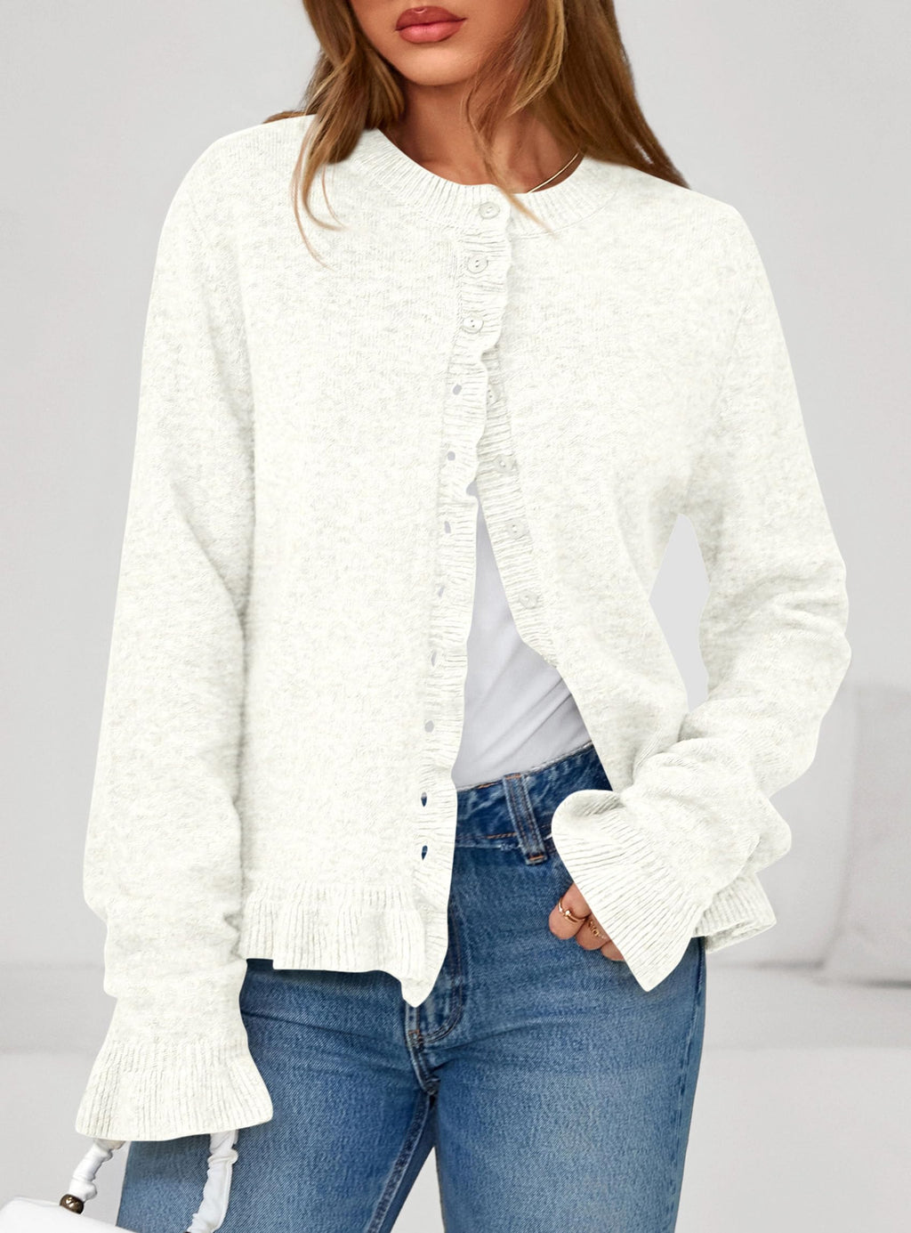 PRETTYGARDEN Womens Fall Button Down Cardigans Chunky Knit Ruffle Open Front Cropped Cardigan Sweaters Soft Long Sleeve Tops