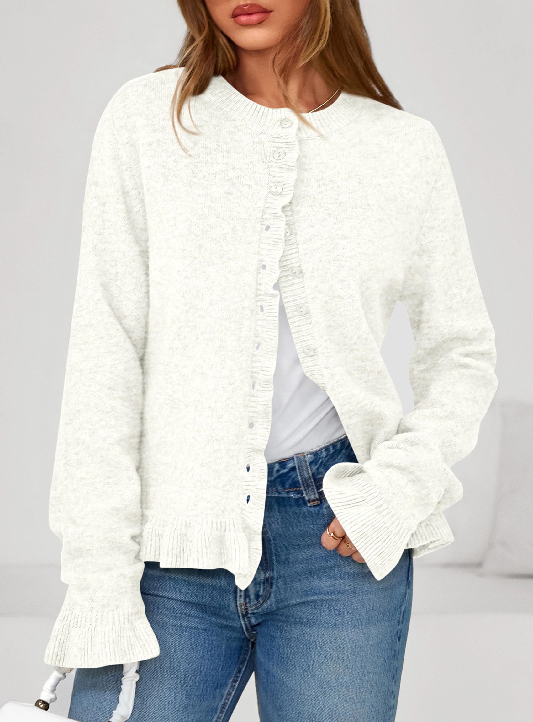 PRETTYGARDEN Womens Fall Button Down Cardigans Chunky Knit Ruffle Open Front Cropped Cardigan Sweaters Soft Long Sleeve Tops