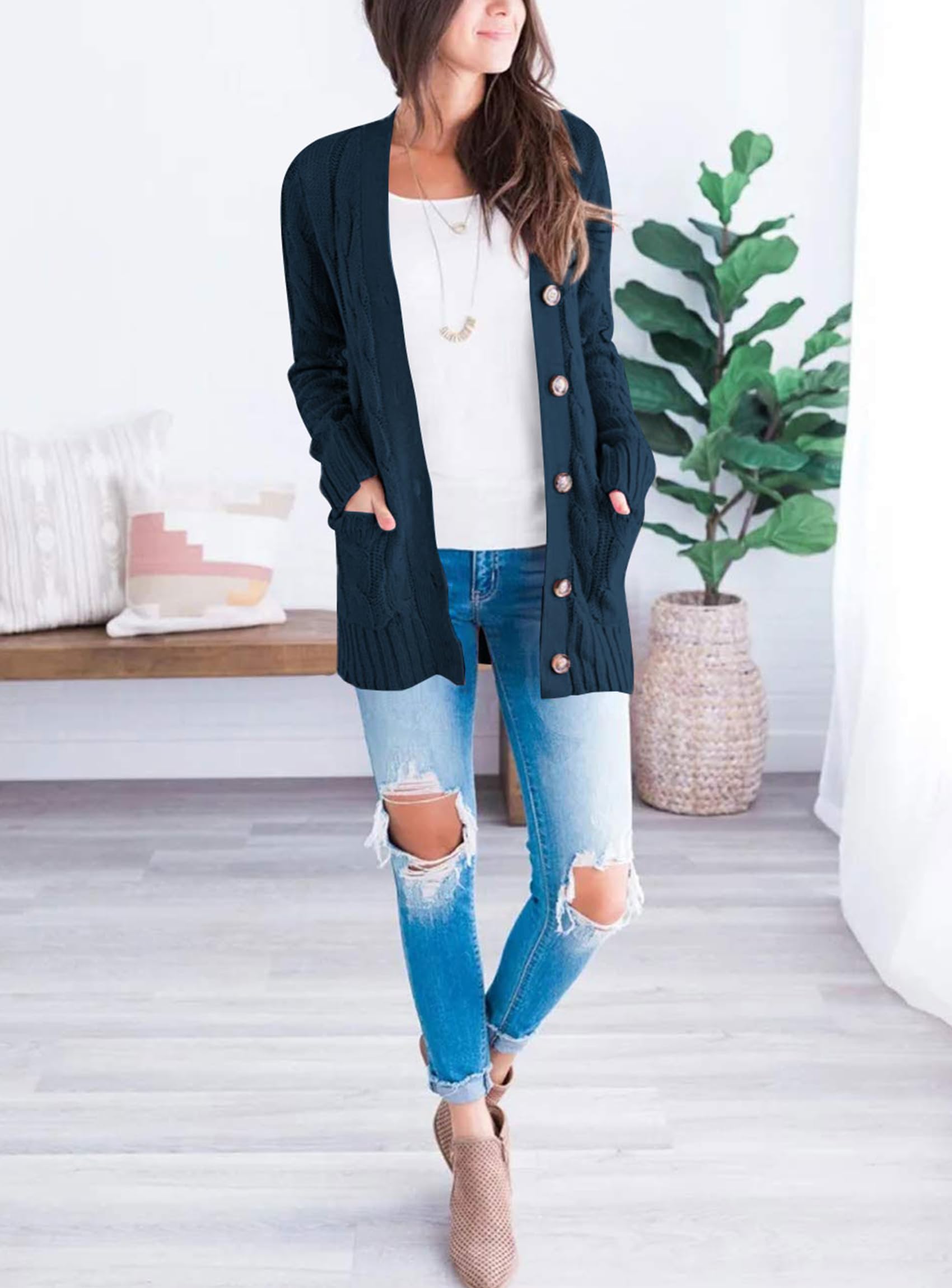 PRETTYGARDEN Women's Open Front Cardigan Sweaters Fall Fashion Button Down Cable Knit Chunky Winter Clothing Outerwear Coats