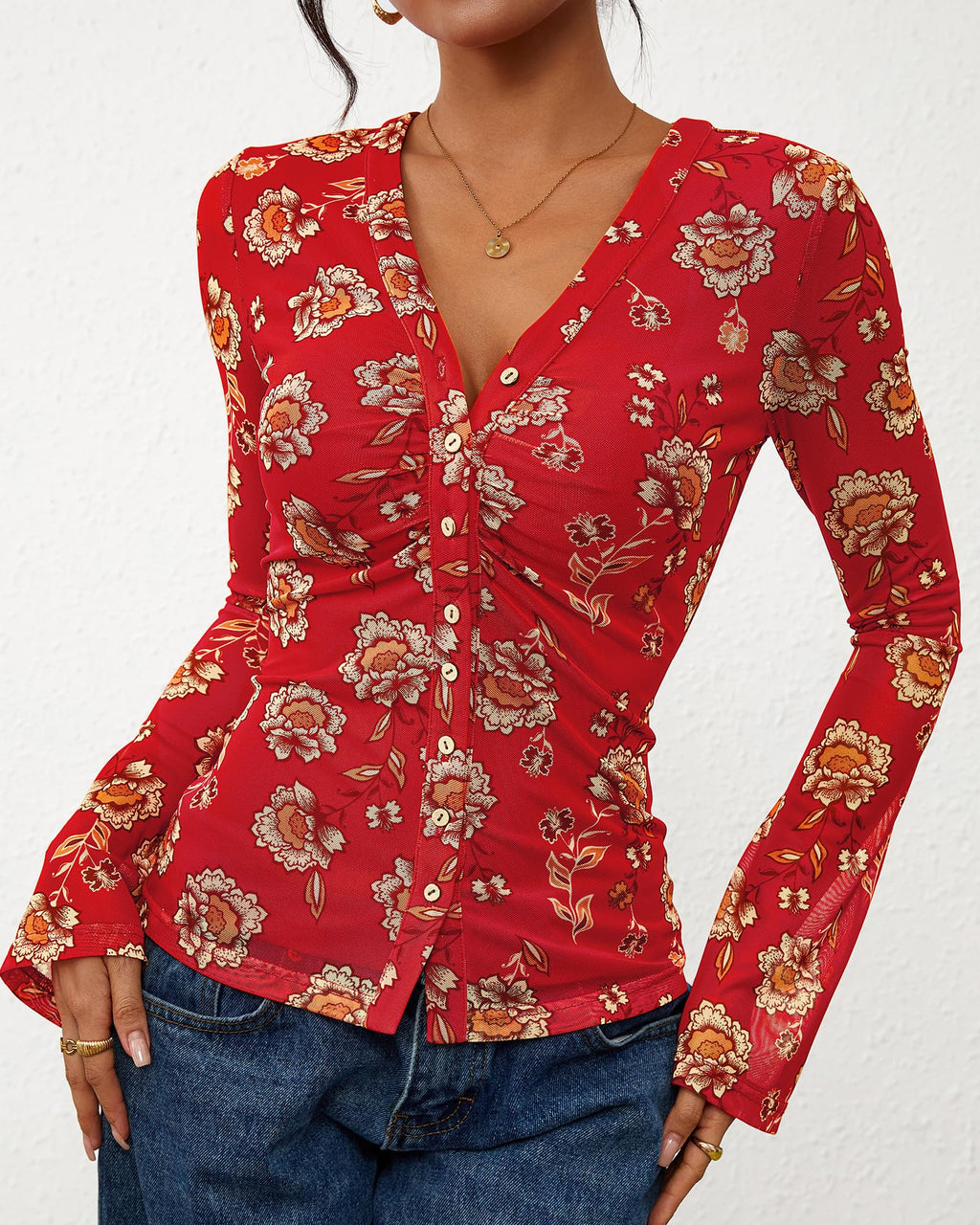 FreshPretty Button Down Shirts for Women Fall Fashion V Neck Long Sleeve Blouse Ruched Mesh Fitted Floral Print Boho Tops