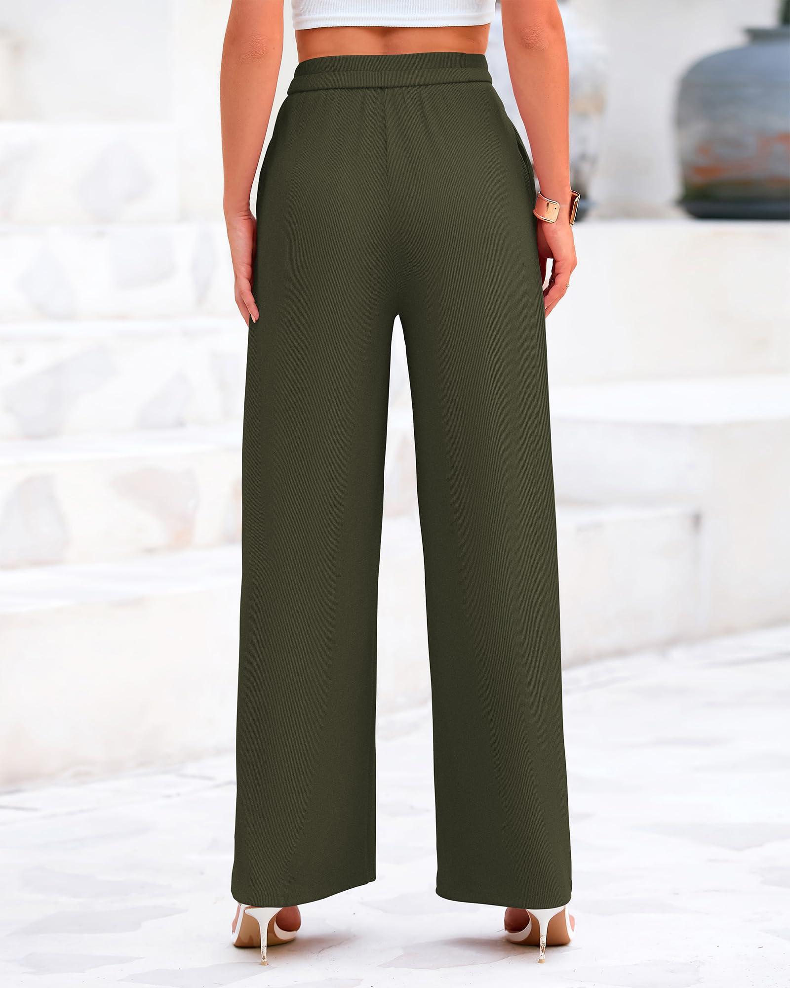 BTFBM Palazzo Pants for Women Spring Summer Clothes Pockets High Waist Casual Knit Flowy Wide Leg Trousers