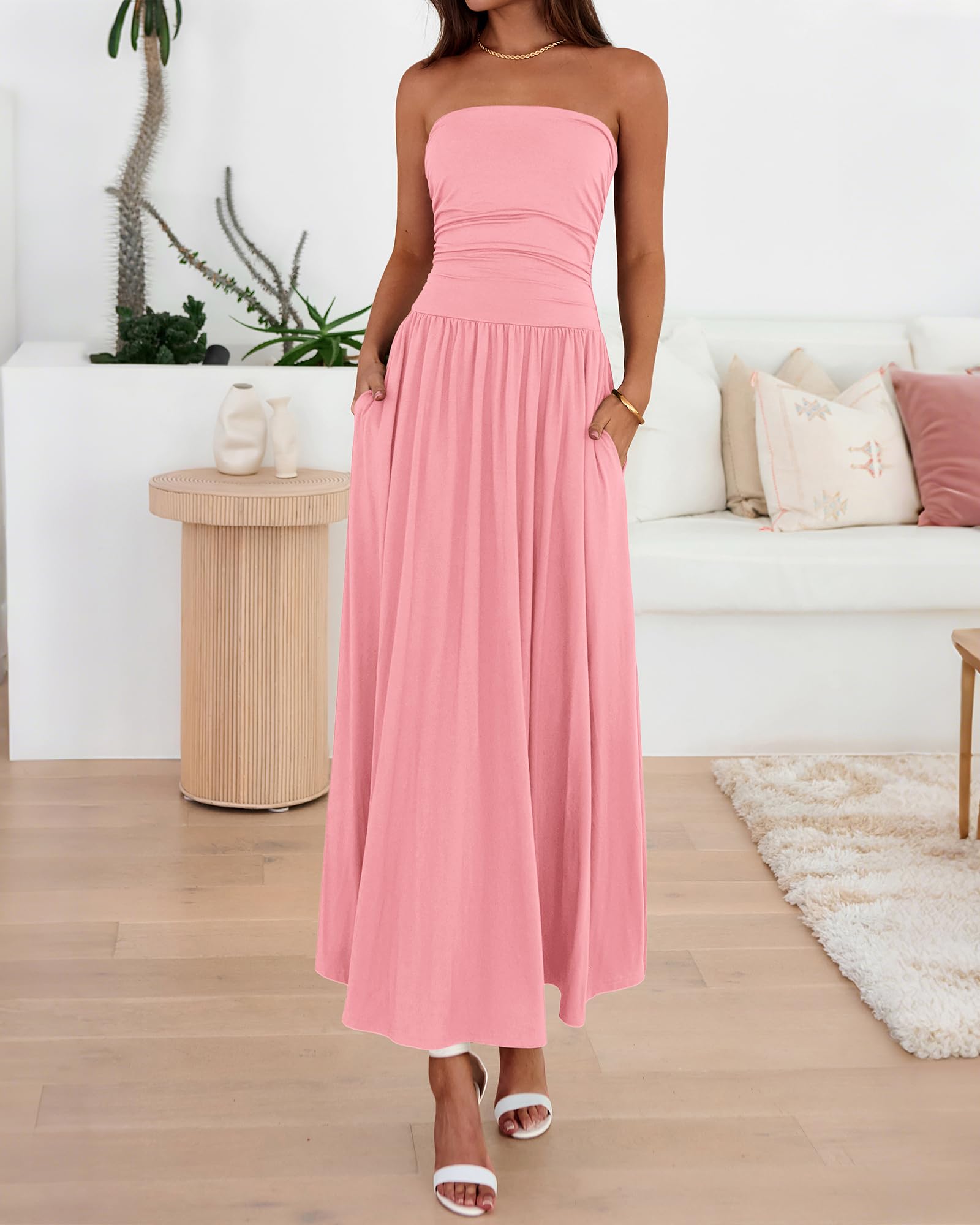 BTFBM Summer Maxi Dresses for Women Strapless Ruched Tube Top Beach Vacation Spring Wedding Guest Dress Pockets
