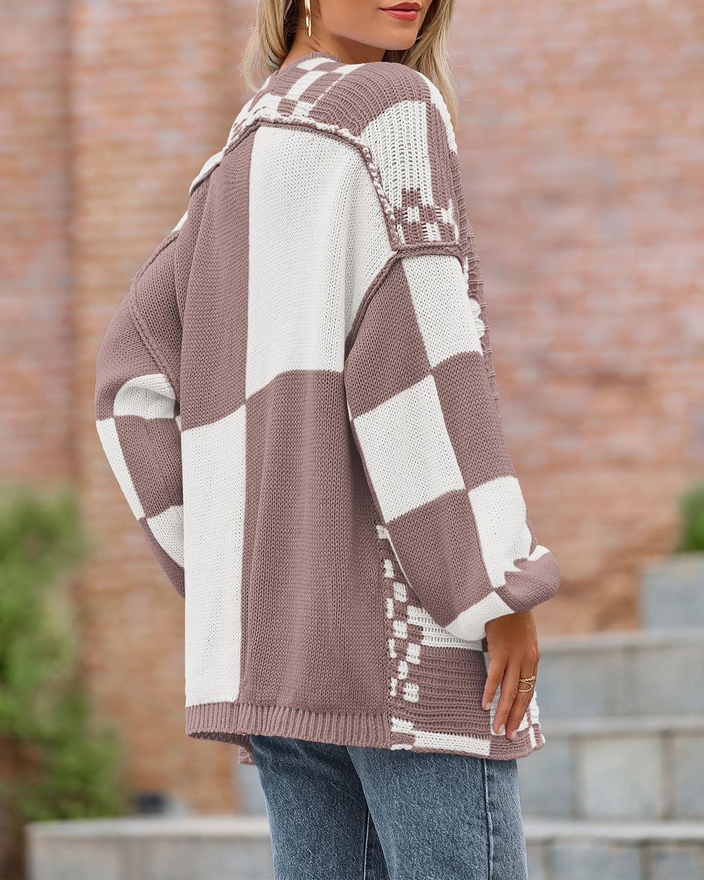 BTFBM Casual Cardigan Sweater for Women Fall Long Sleeve Sweaters Fall Outfits, Loose Fit,Solid,Open Front Chunky Knit Sweaters,Chunky Cardigan Sweaters For Women,Checkered Outwear Coat