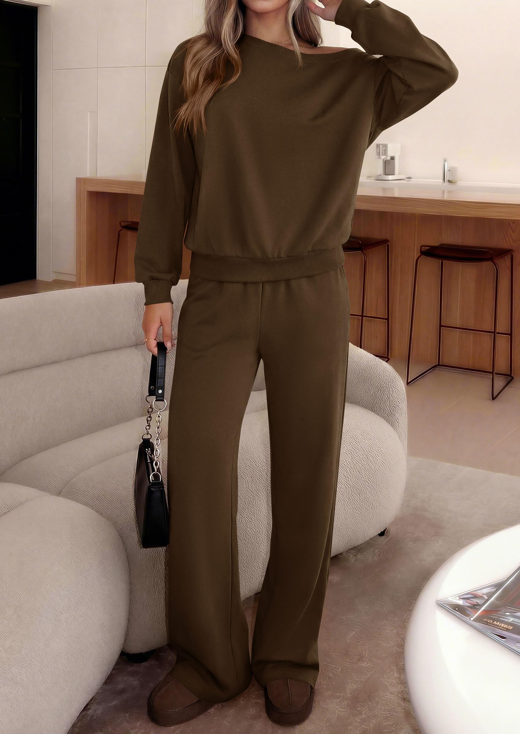 PRETTYGARDEN Womens 2 Piece Casual Matching Lounge Sets Fashion Off the Shoulder Sweatshirt, Wide Leg Pants with Pockets, Comfy Airport Travel Outfit,Trendy Fall Set