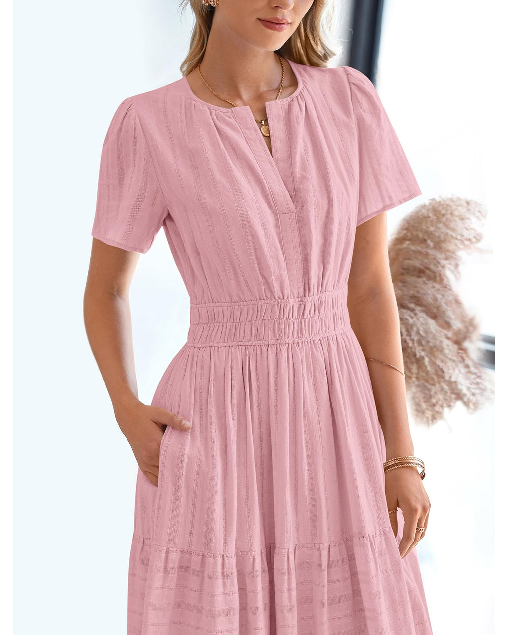 FreshPretty Womens Summer Casual Midi Maxi Dresses Lightweight Short Sleeve V Neck Elastic Waist Boho Beach Dress Pockets