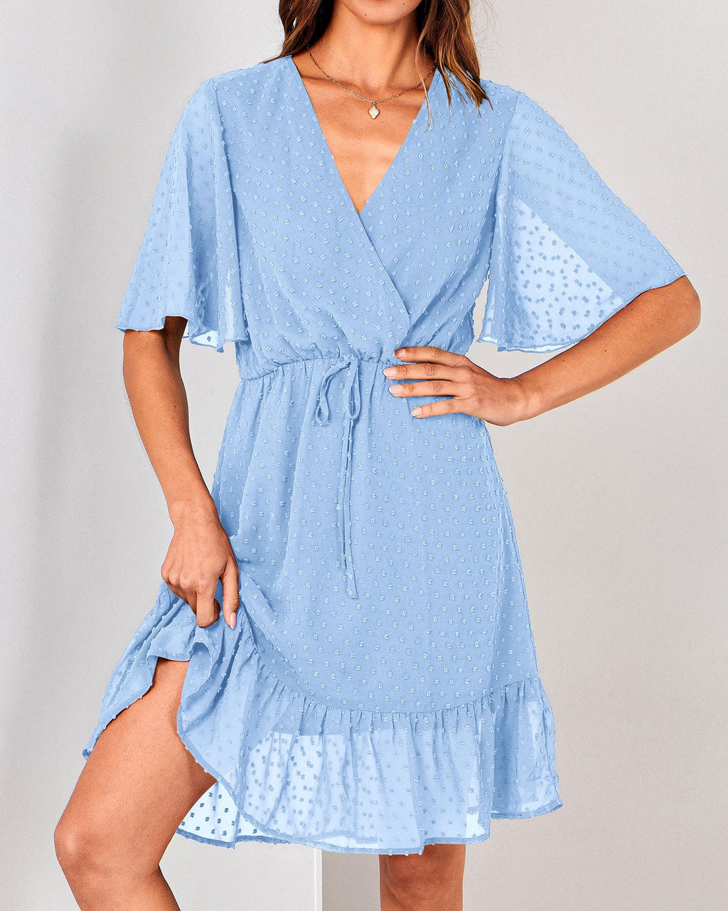 FreshPretty Women's Summer Dresses Casual Short Sleeve V Neck Ruffle Floral Print High Waist Flowy Mini Dress with Belt