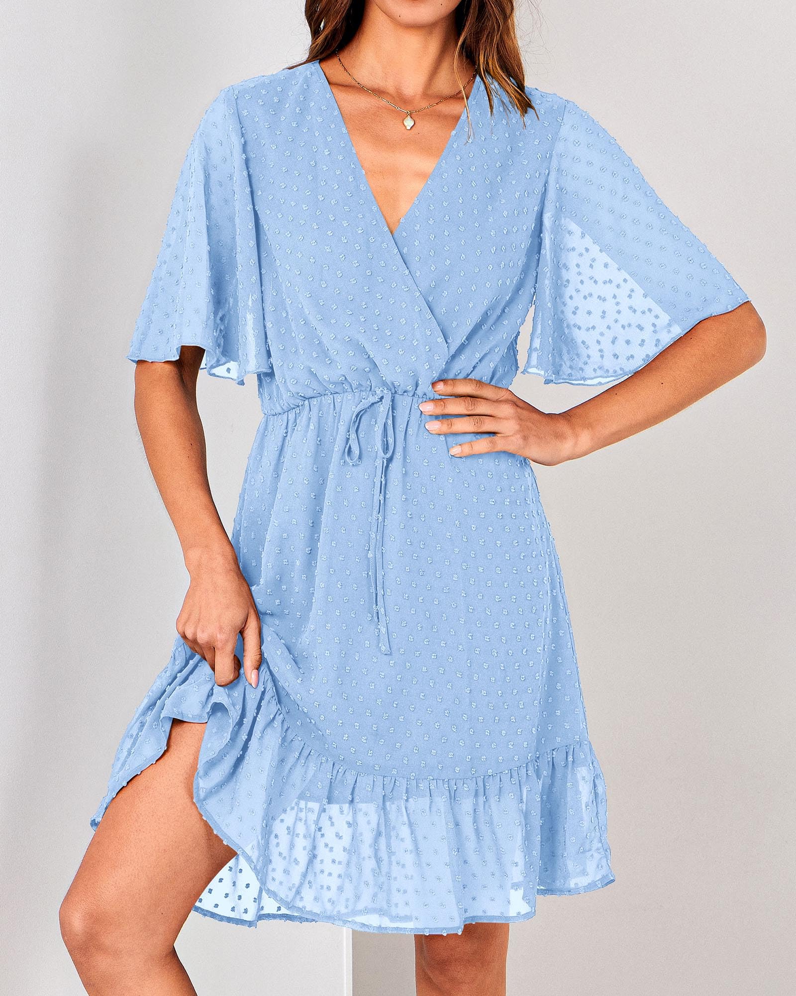 FreshPretty Women's Summer Dresses Casual Short Sleeve V Neck Ruffle Floral Print High Waist Flowy Mini Dress with Belt