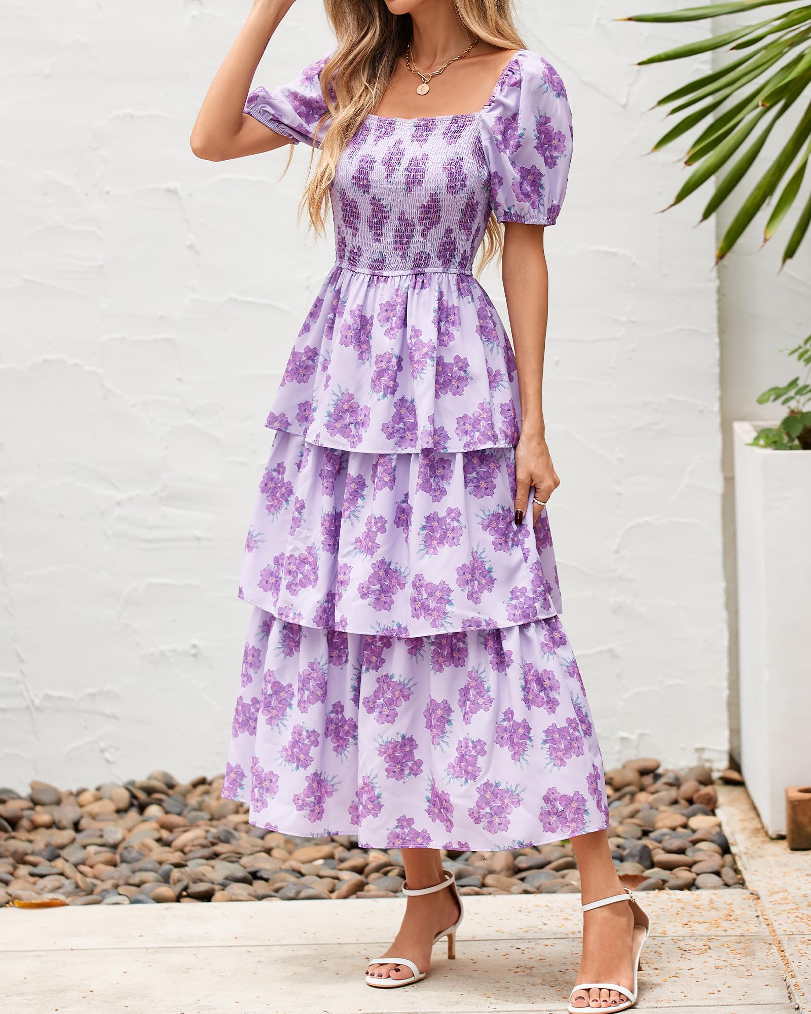 BTFBM Womens Square Neck Smocked Dress Summer Puff Short Sleeve Floral Casual Ruffle Tiered Maxi Wedding Guest Dresses