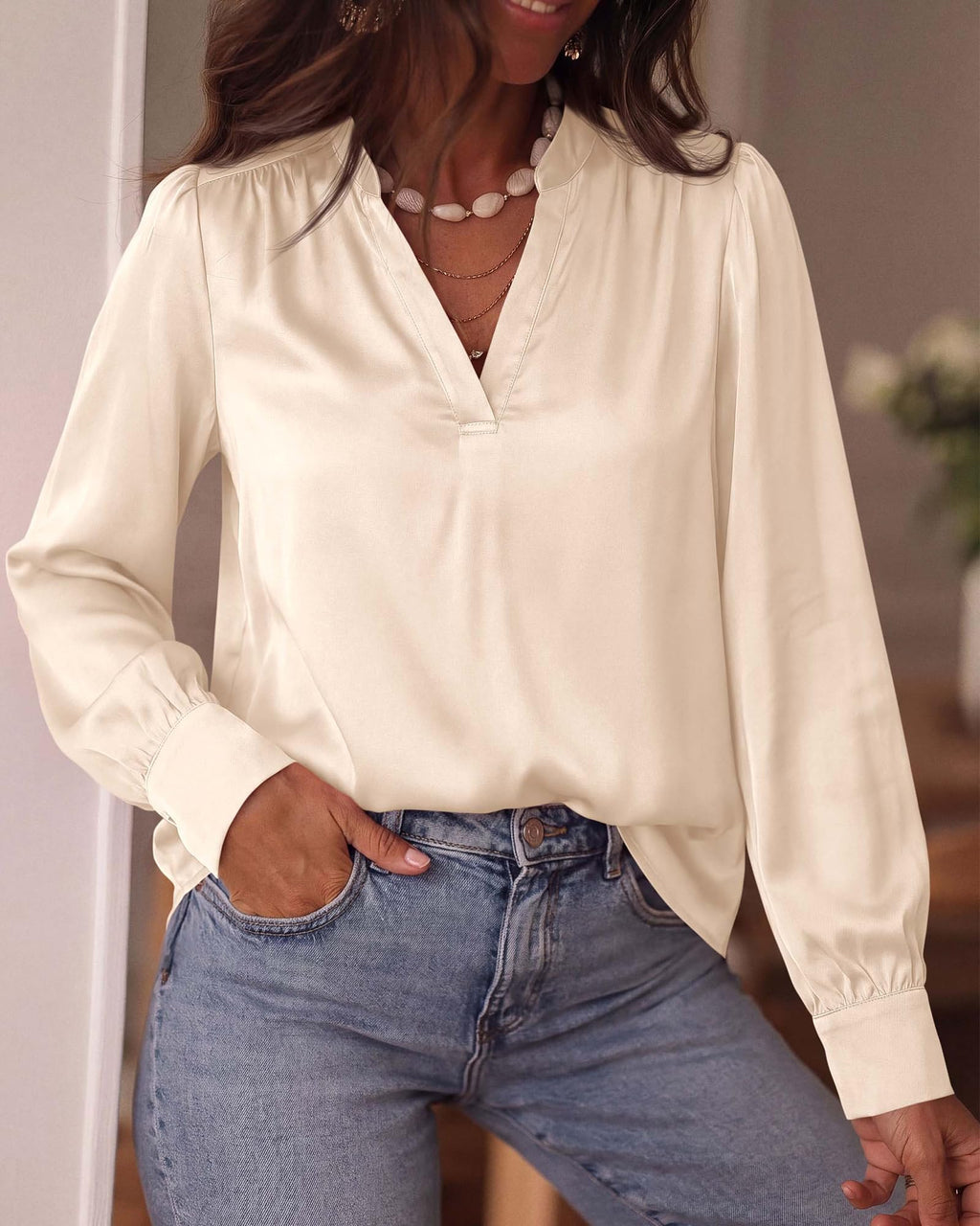 BTFBM Satin Blouses for Women Dressy Casual | Lightweight,V Neck,Long Sleeve Tops,Going Out Outfits,Fall Fashion Clothing