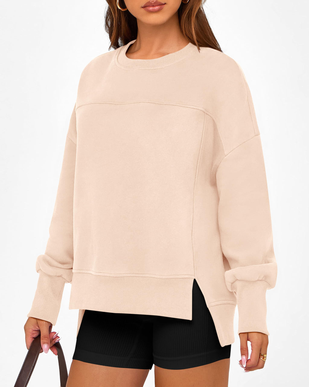 BTFBM Women's Casual Crewneck Sweatshirts Spring Long Sleeve Side Slit Workout Fleece Pullover Top Fashion Clothing