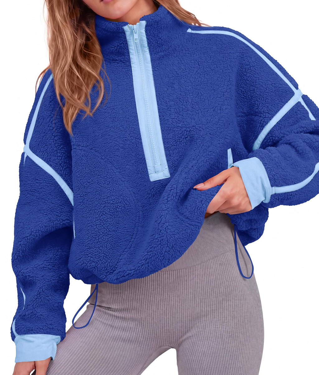 FreshPretty Womens Half Zip Fleece Pullover Sherpa Sweatshirts,Quarter Zip Cropped Jackets With Drawstring,Loose Fit Sweater Tops,Color Block Winter Coats,Trendy Fall Clothes