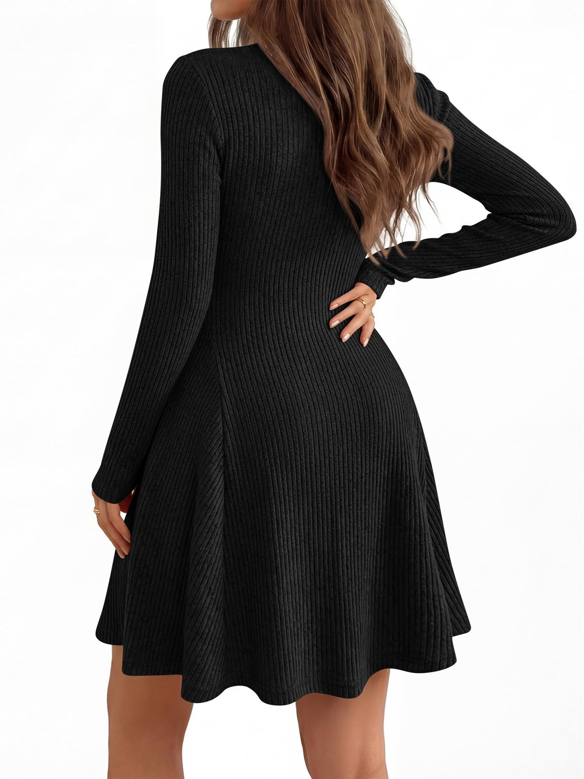 FreshPretty Womens Fall Long Sleeve Mini Sweater Dress,Fit and Flare Crewneck,Soft Lightweight Ribbed Knit,Casual A Line Short Cocktail Dresses,Elegant Fall Fashion Clothes