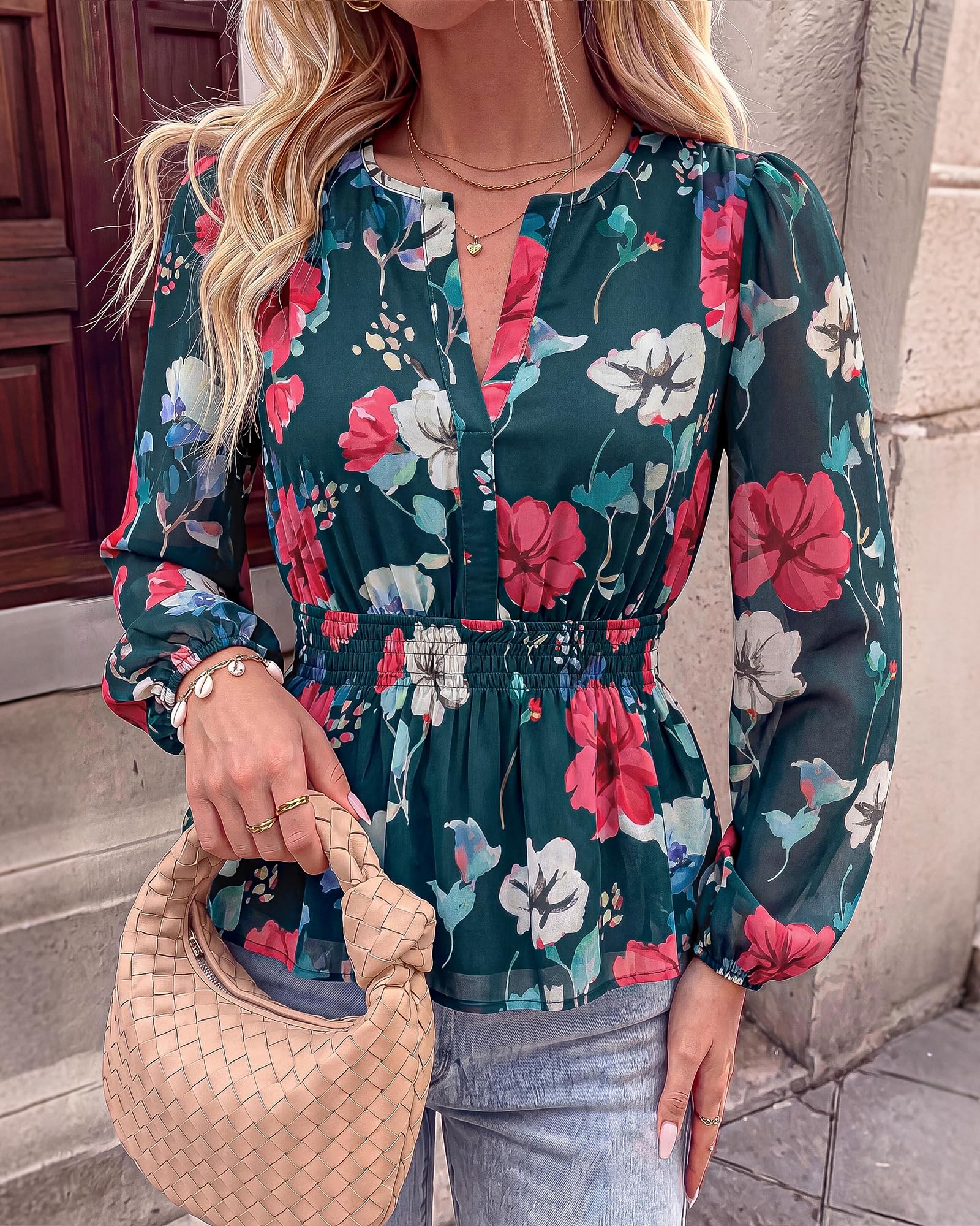BTFBM Womens Tops Dressy Casual Floral V Neck Long Sleeve Chiffon Shirts | Chiffon Lantern Sleeve Flowy Peplum Sheer Top,Elastic Waist Babydoll Blouses,Boho Vacation Outfits,Fall Fashion Clothing