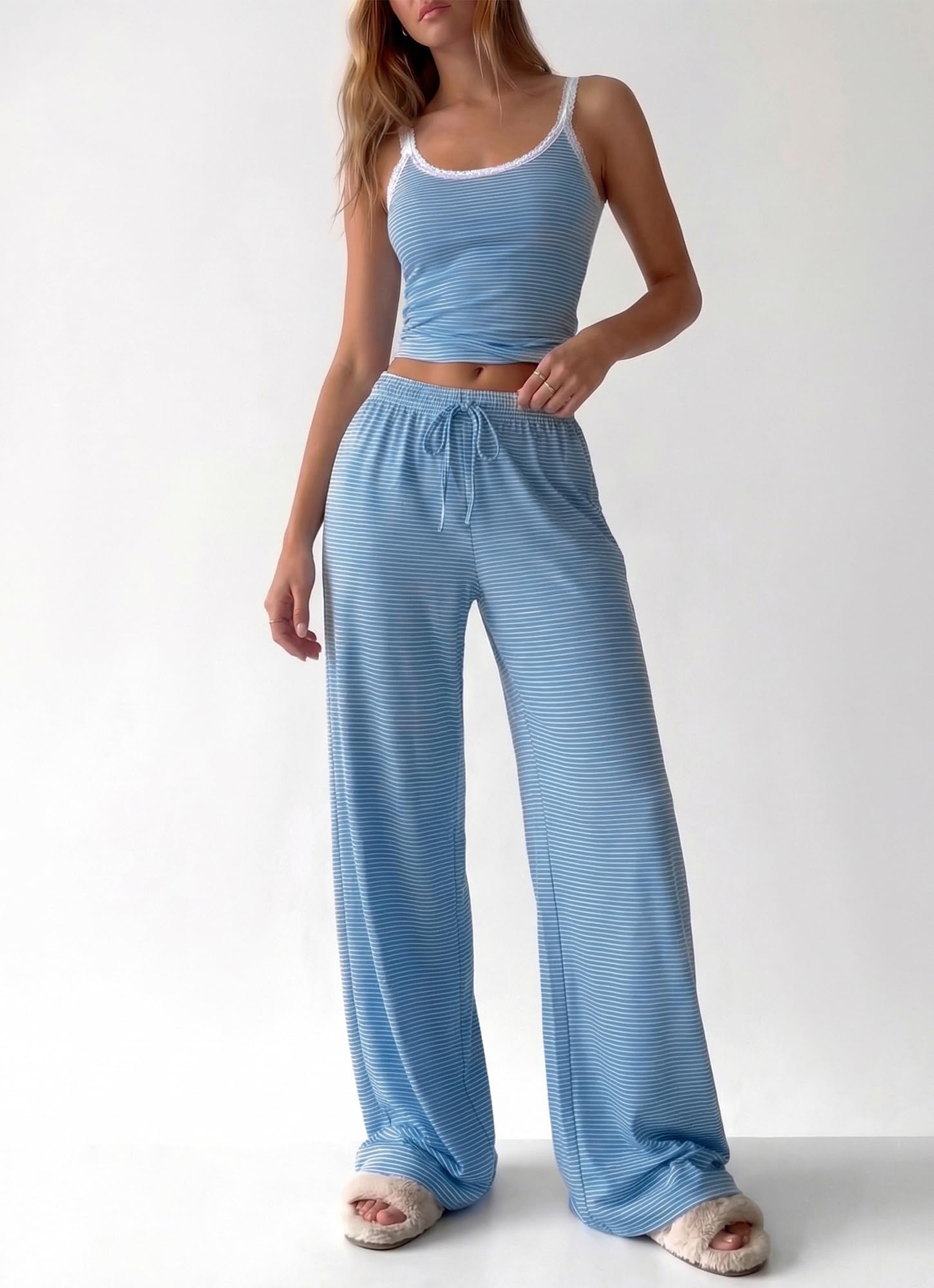 BTFBM Lounge Sets For Women Striped 2 Piece Pajama Sets Spaghetti Strap Tops Wide Leg Pants Beach Vacation Outfits