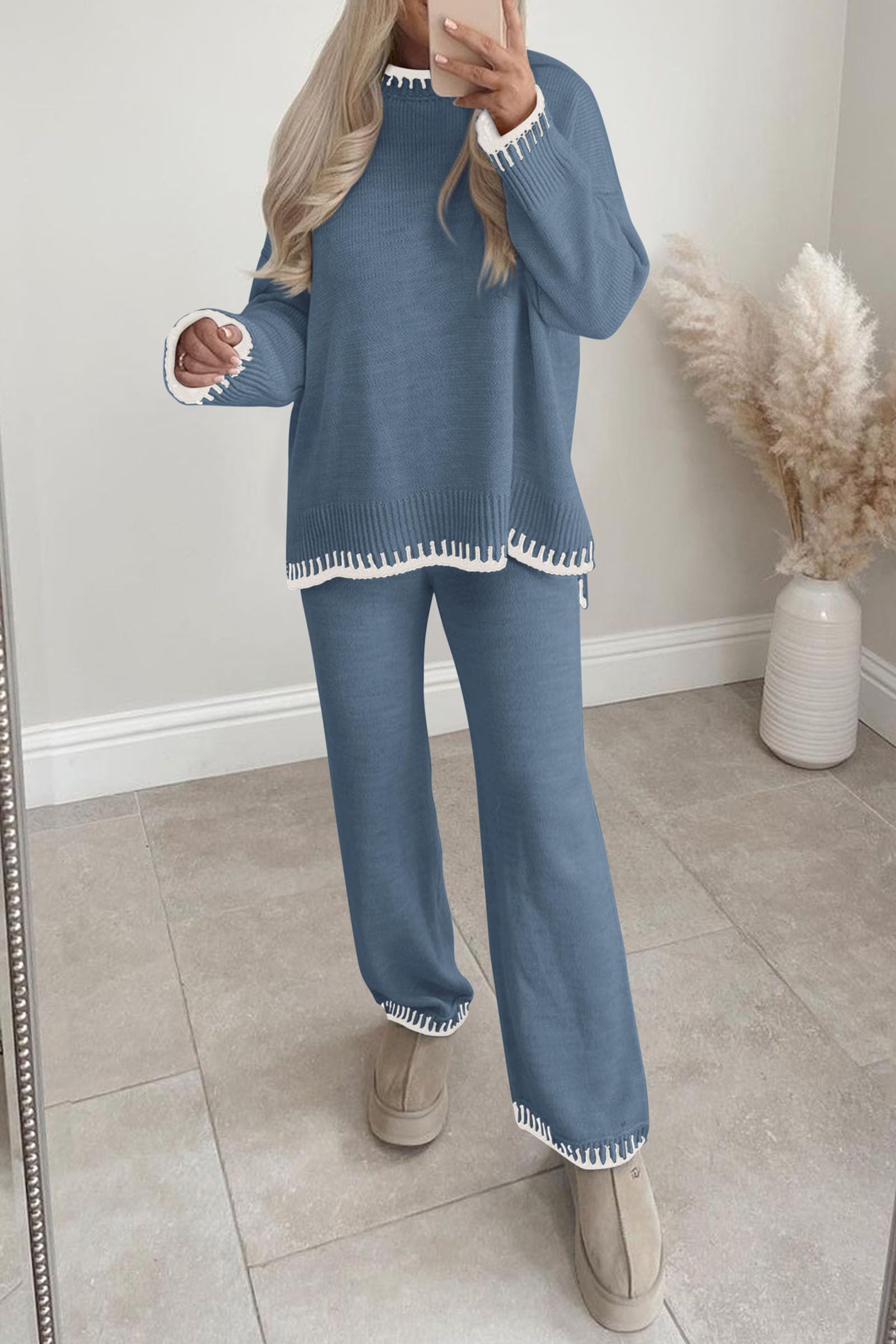 PRETTYGARDEN Women's 2 Piece Knit Sweater Outfit Casual Long Sleeve Pullover Wide Leg Pants Tracksuit Loungewear Set