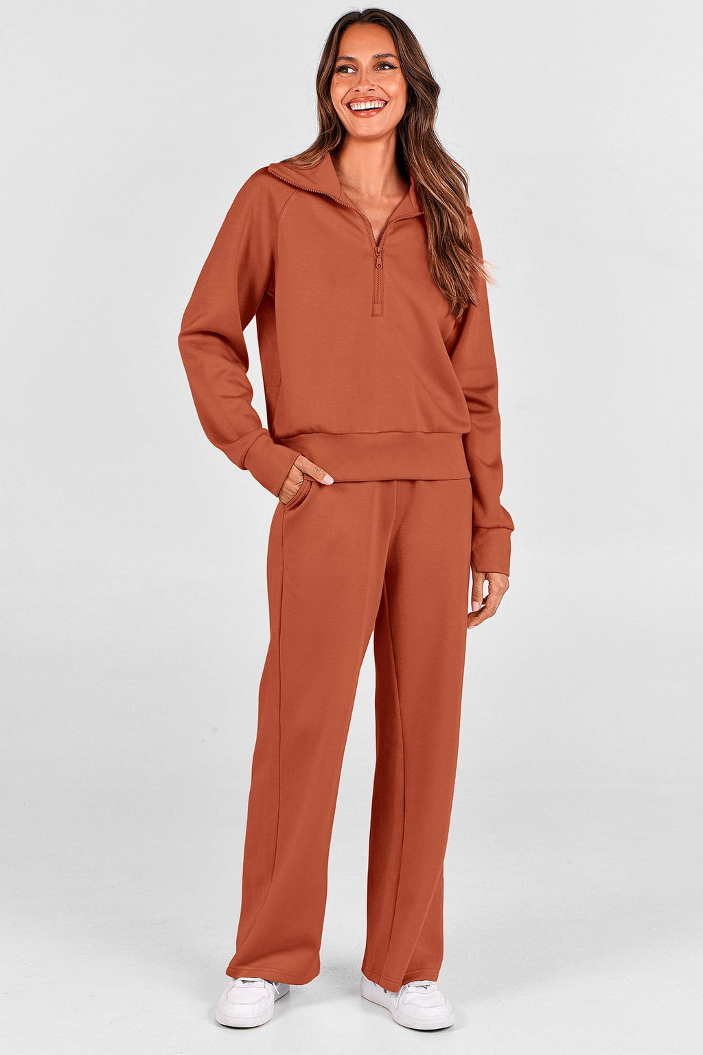 PRETTYGARDEN Women's 2 Piece Outfits Casual Lapel Half Zip Sweatshirts and Wide Leg Pants Tracksuit Sets