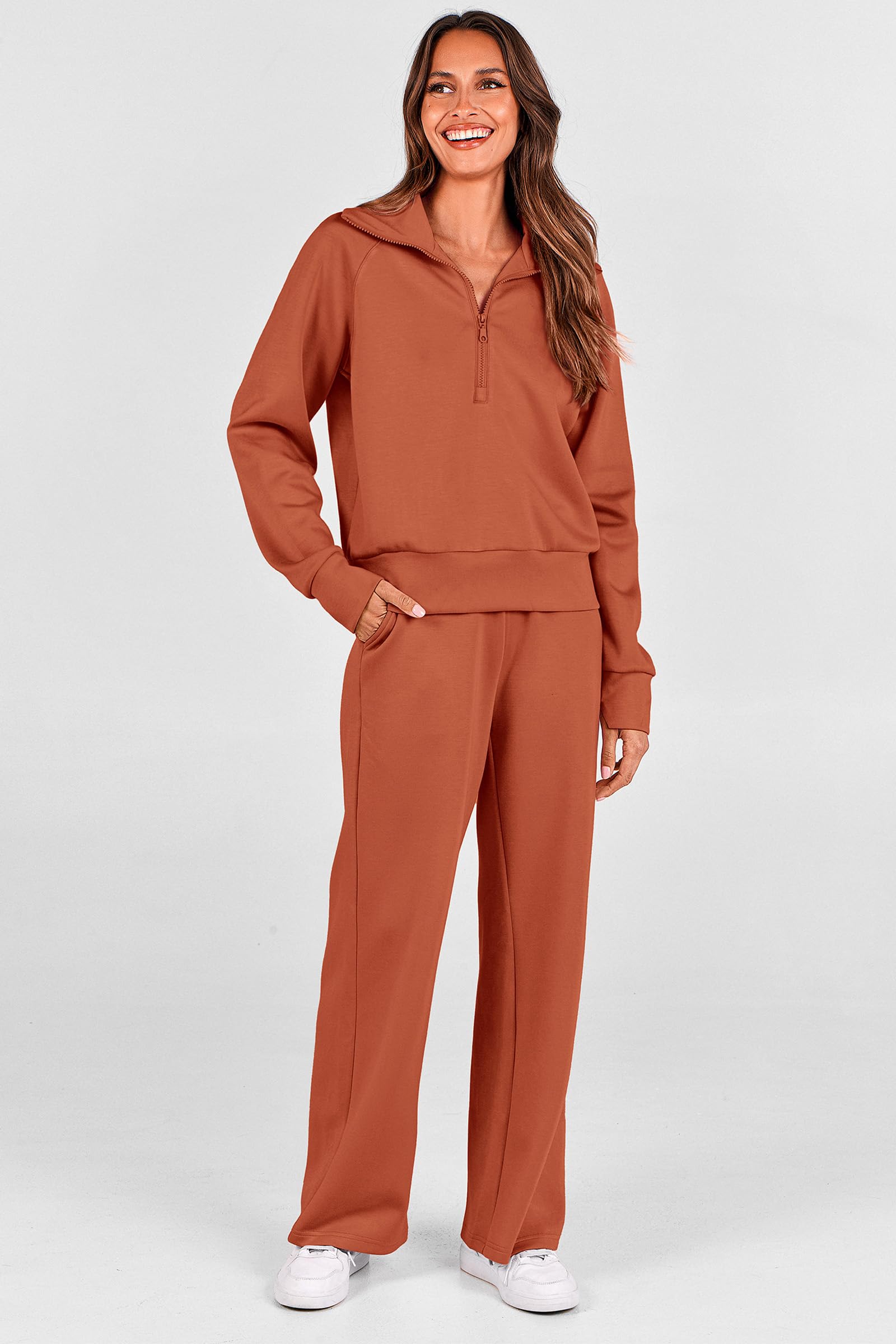 PRETTYGARDEN Women's 2 Piece Outfits Casual Lapel Half Zip Sweatshirts and Wide Leg Pants Tracksuit Sets