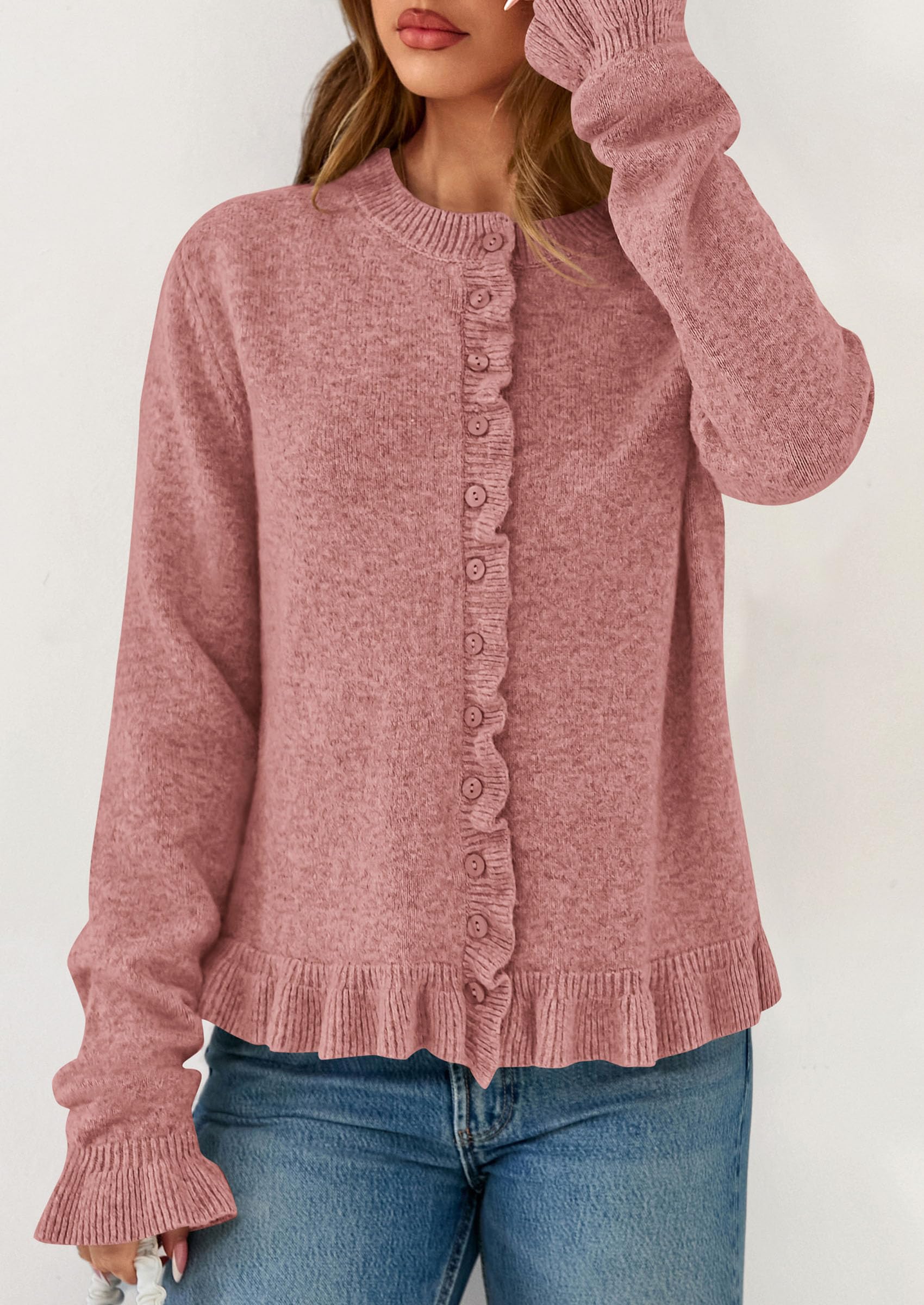 PRETTYGARDEN Womens Fall Button Down Cardigans Chunky Knit Ruffle Open Front Cropped Cardigan Sweaters Soft Long Sleeve Tops