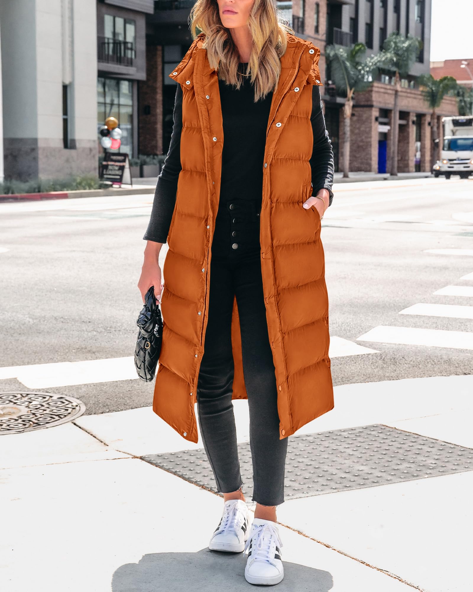 FreshPretty Long Puffer Vest Women Quilted Hooded Button Down Zip Up Sleeveless Vests Outerwear Padded Jacket Fall Winter Coat