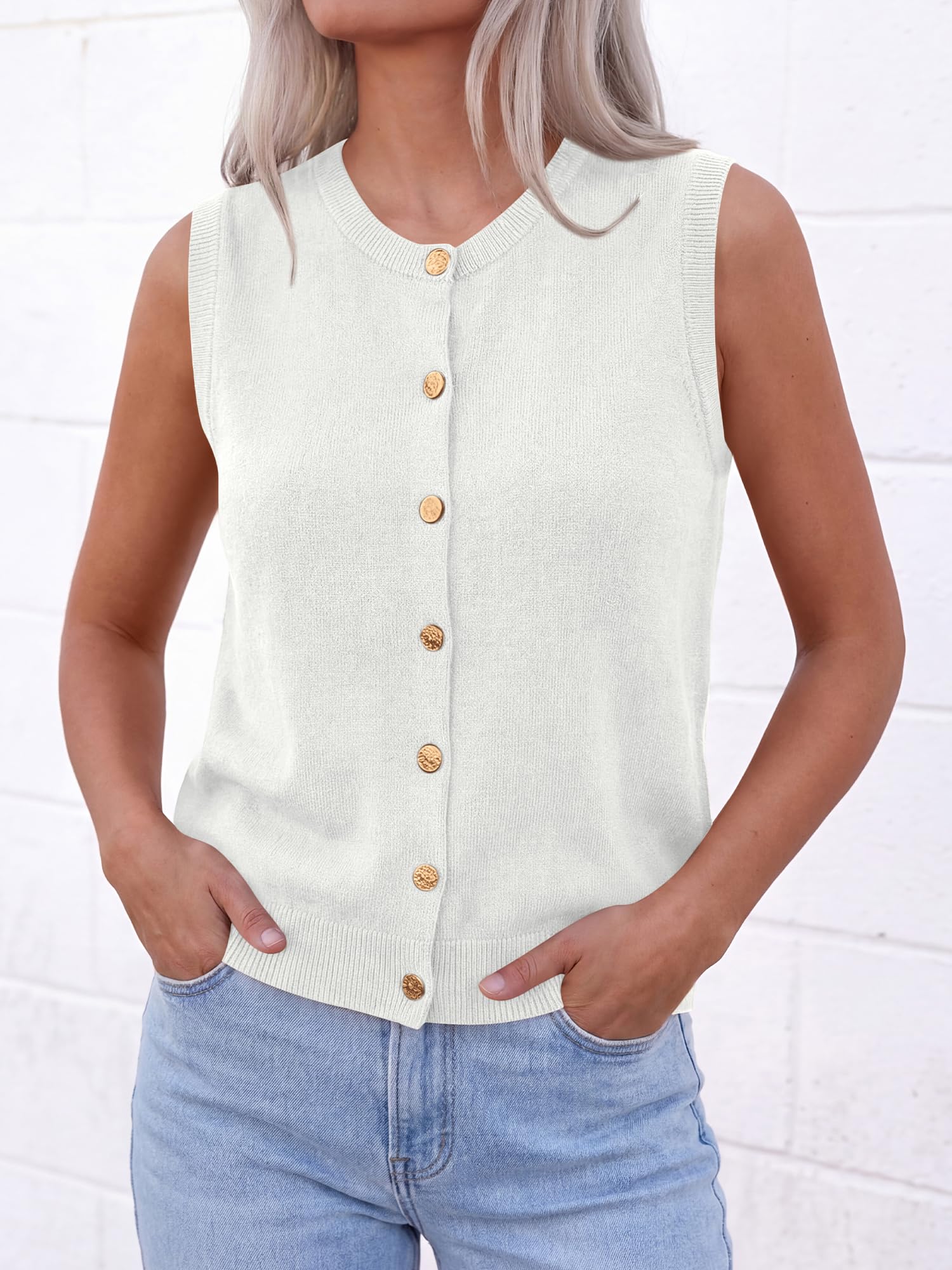 BTFBM Sweater Vest Women Casual Crewneck Loose Button Down Knit Sleeveless Cardigan Spring Clothes Summer Vest Tops