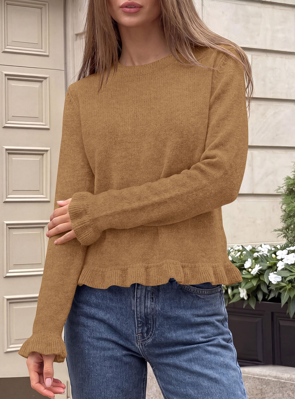 PRETTYGARDEN Women's Ruffle Sweaters Fall Fashion Cozy Knit Pullover Soft Stretchy, Crewneck Long Sleeve, Cute Peplum Tops, Dressy Casual Blouses, Going Out Holiday, Trendy Winter Outfits