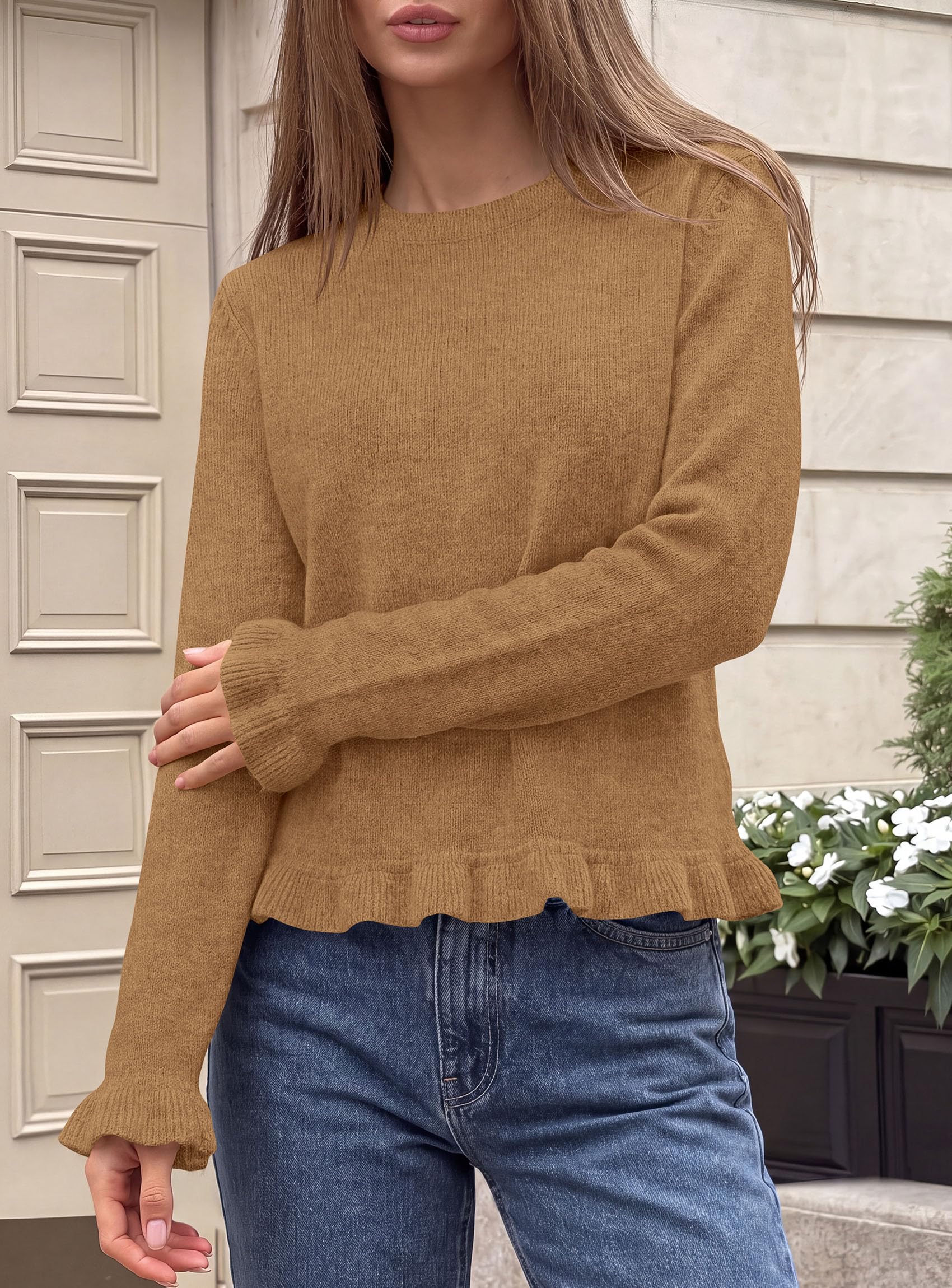 PRETTYGARDEN Women's Ruffle Sweaters Fall Fashion Cozy Knit Pullover Soft Stretchy, Crewneck Long Sleeve, Cute Peplum Tops, Dressy Casual Blouses, Going Out Holiday, Trendy Winter Outfits