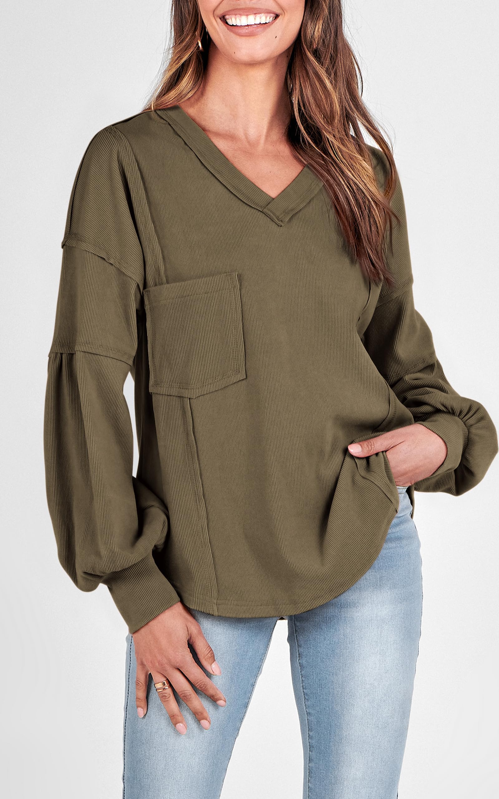 FreshPretty Womens Fall Fashion Long Sleeve Shirts Casual V Neck Ribbed Knit Blouses Pullover Trendy Loose Fit Tunic Tops