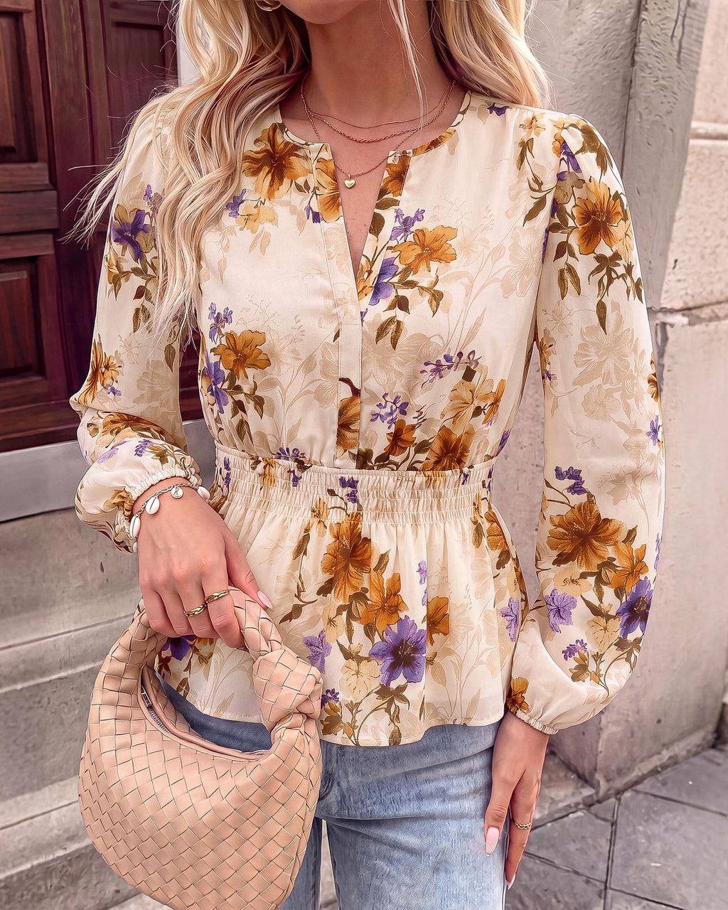 BTFBM Womens Tops Dressy Casual Floral V Neck Long Sleeve Chiffon Shirts | Chiffon Lantern Sleeve Flowy Peplum Sheer Top,Elastic Waist Babydoll Blouses,Boho Vacation Outfits,Fall Fashion Clothing