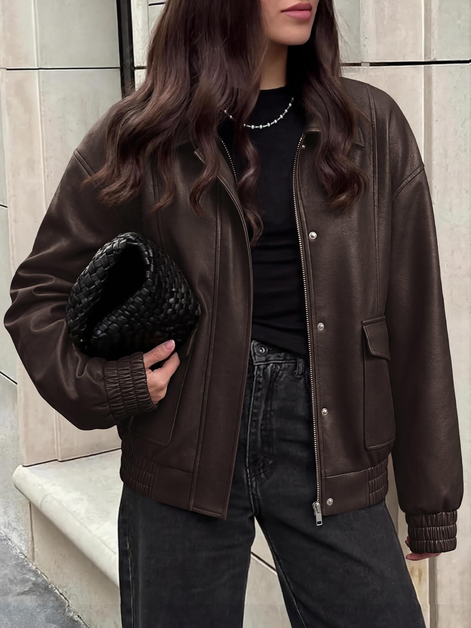 BTFBM Faux Leather Jacket Women Fall Clothes Long Sleeve, Bomber Jackets, Snaps, Pockets, Oversized, Zip Up Motorcycle Outerwear, Airport, Going Out Outfits, Winter Coat