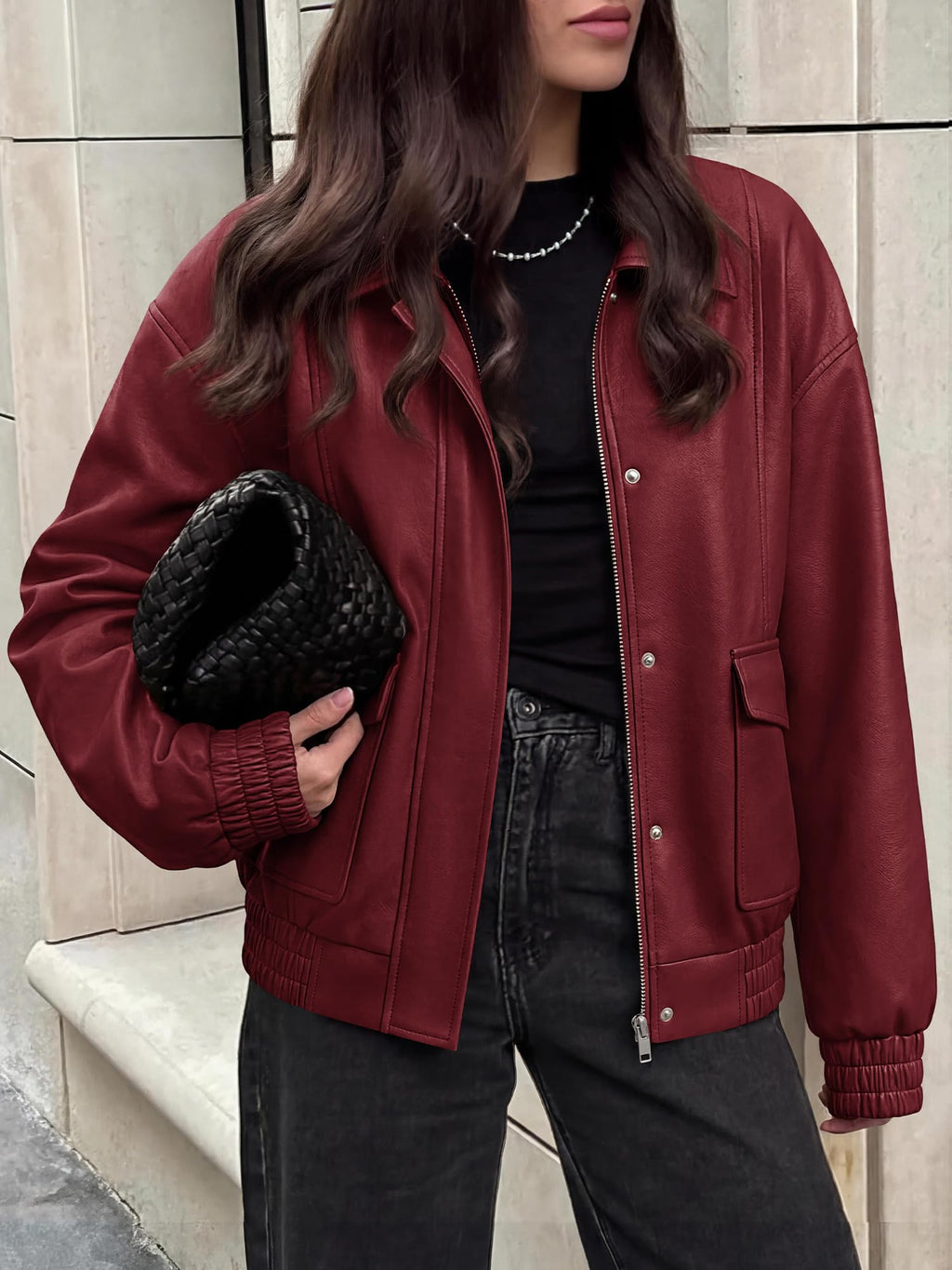 BTFBM Faux Leather Jacket Women Fall Clothes Long Sleeve, Bomber Jackets, Snaps, Pockets, Oversized, Zip Up Motorcycle Outerwear, Airport, Going Out Outfits, Winter Coat