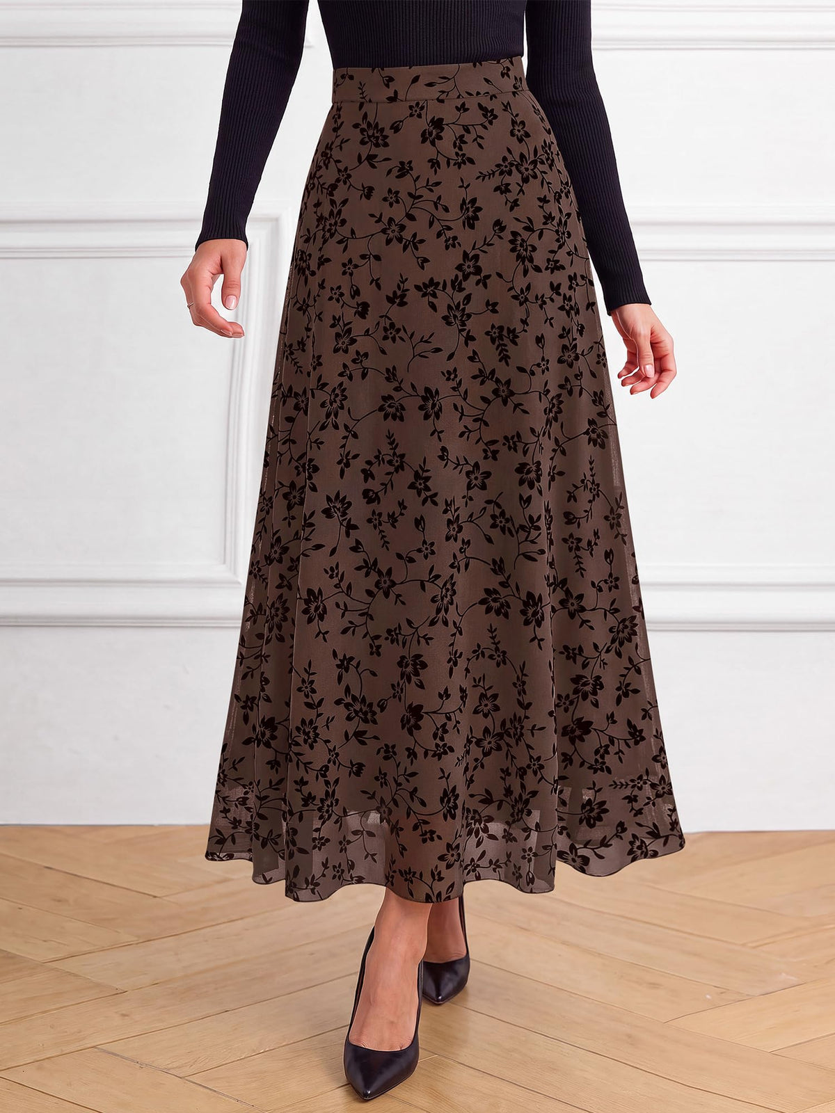BTFBM Womens Floral Mesh Maxi Skirts Long Tulle Skirt Flowy A Line High Waist Skirts,Velvet-Like Flowers,Flocked Mesh,Double-Layered Skirt,Going Out Outfits,Early Fall Fashion
