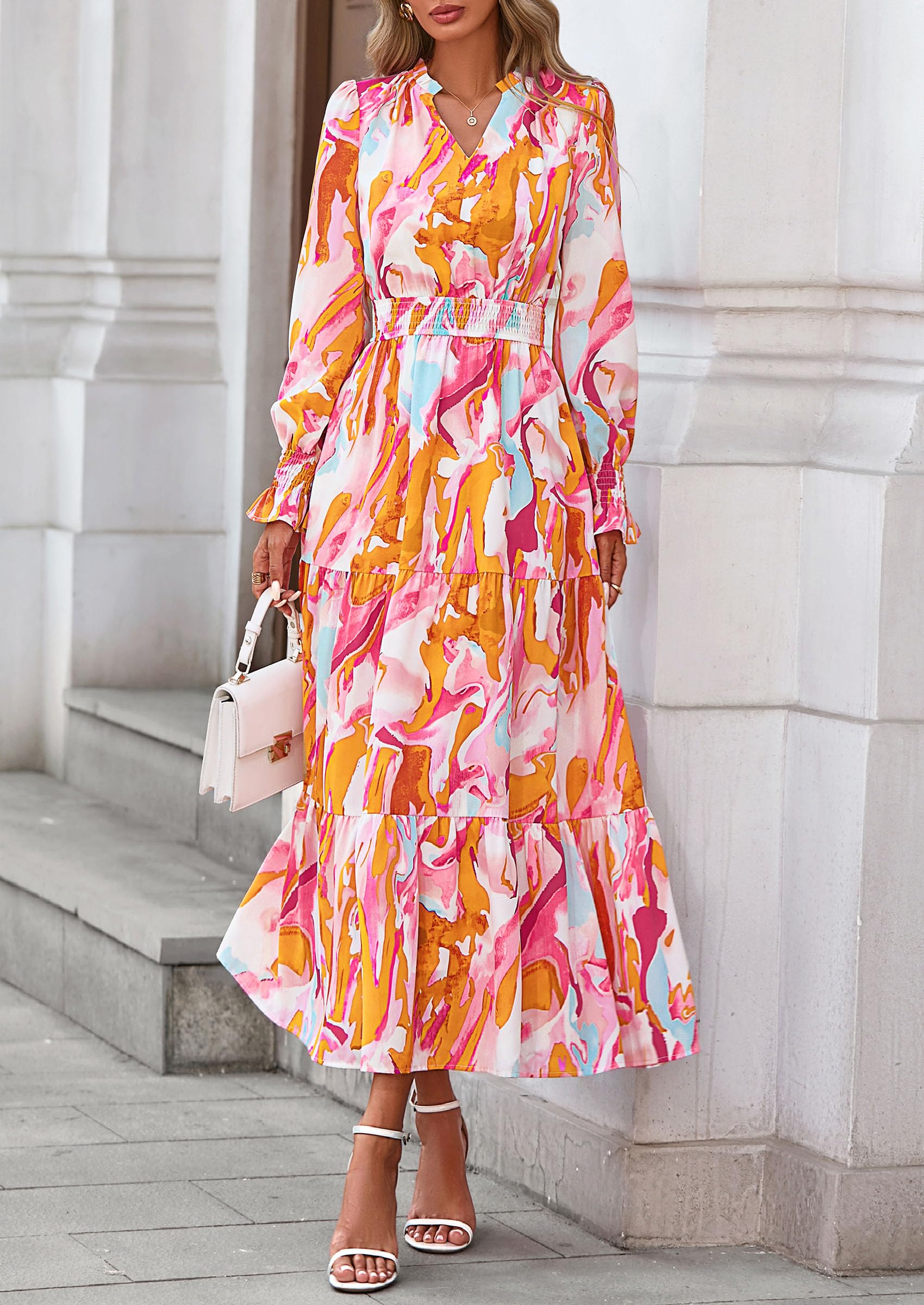 PRETTYGARDEN Women's Floral Maxi Dress Fall Long Sleeve V Neck Casual A Line Long Flowy Boho Party Dresses