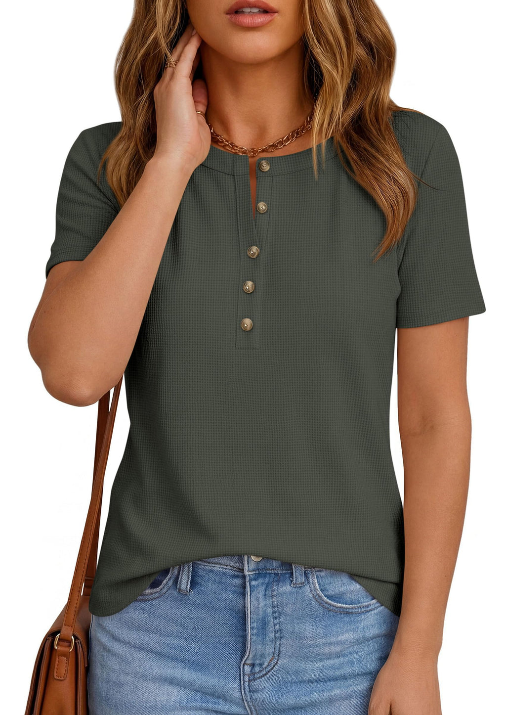 PRETTYGARDEN Waffle Knit Tops for Women Short Sleeve Henley Shirts  Summer Blouses Dressy Casual Spring Fashion Clothes